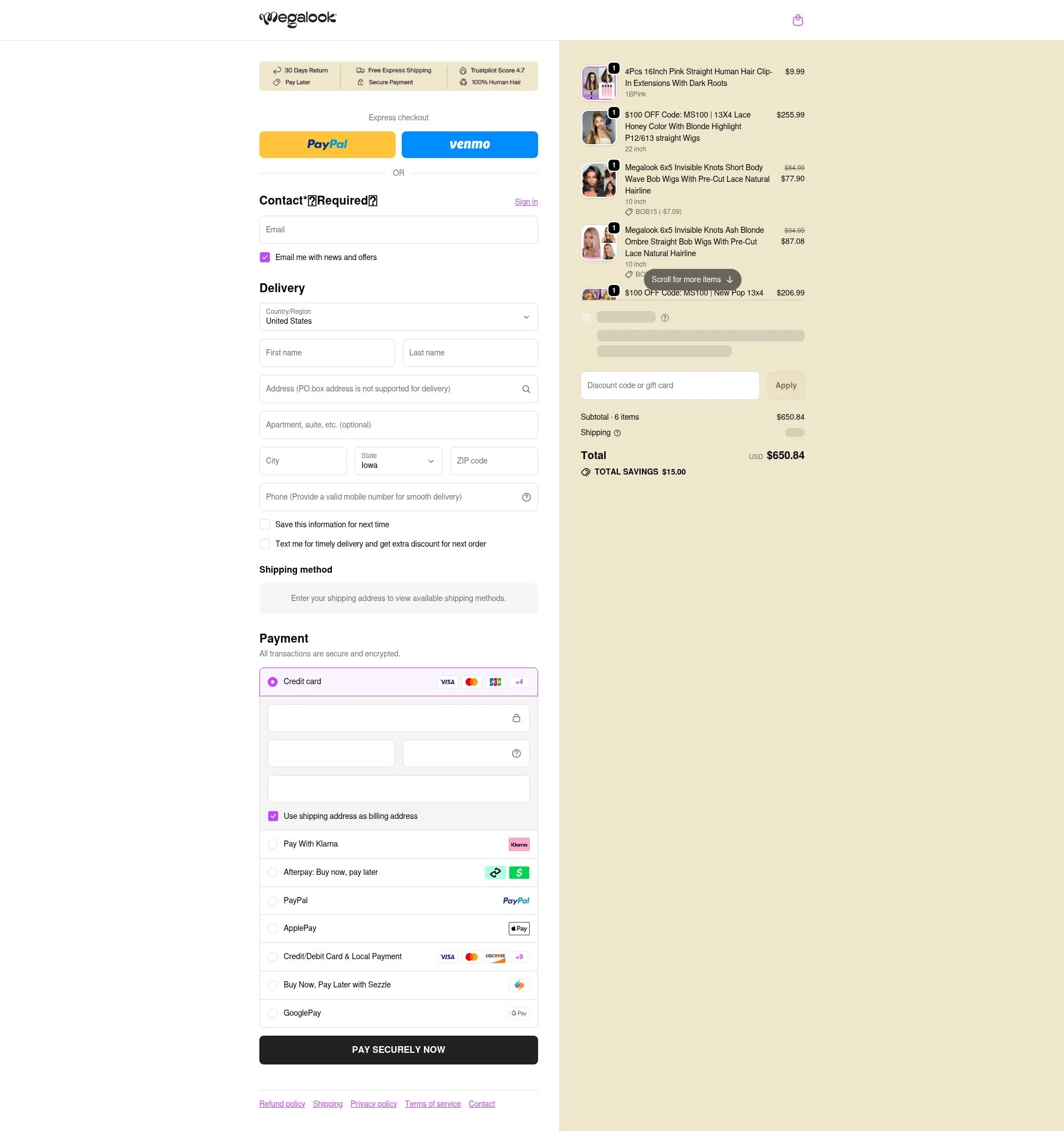 Megalook Hair checkout page showing Megalook Hair discount code box | Screenshot taken by SimplyCodes community member on Jan 11, 2026