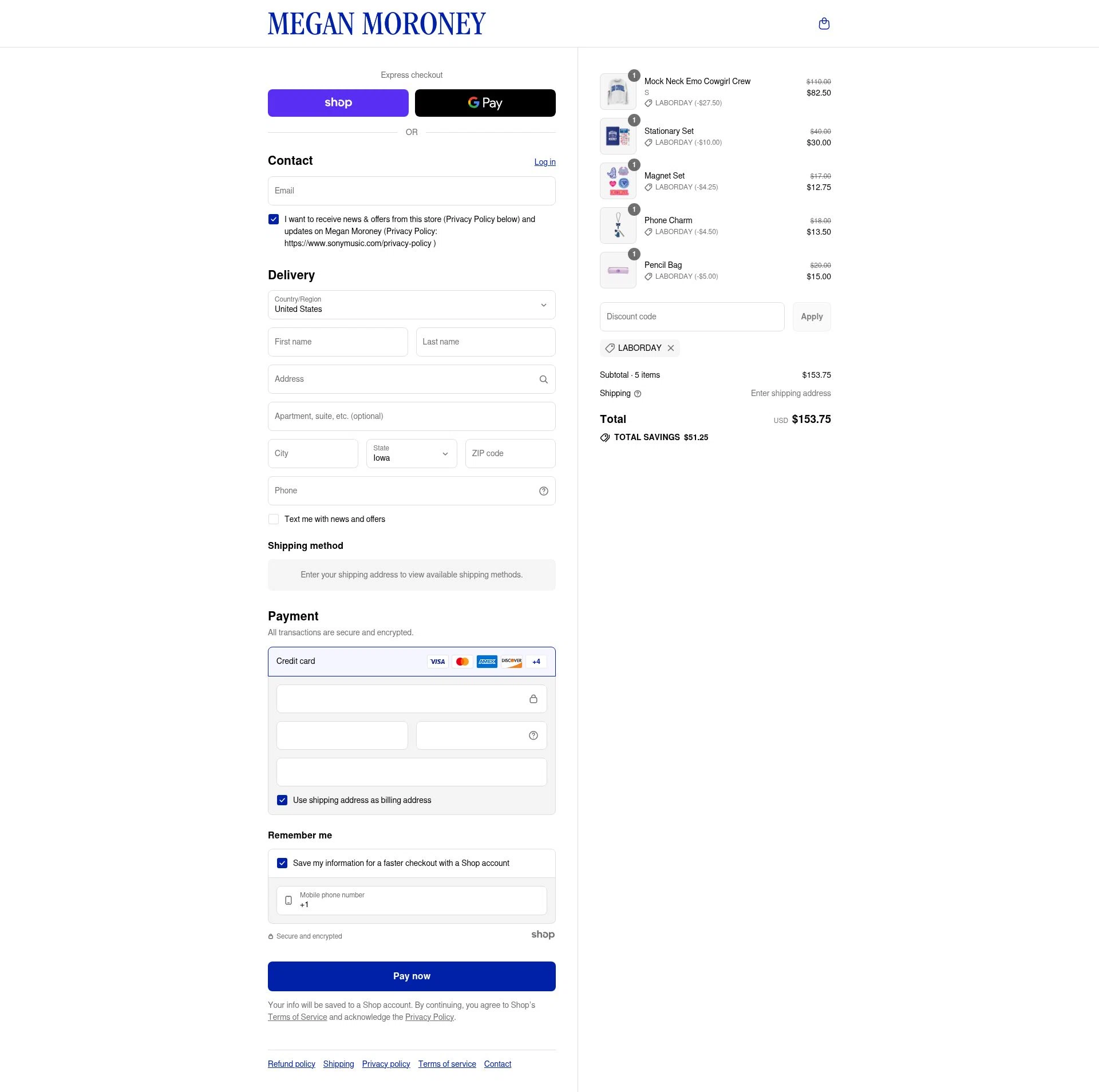 Megan Moroney checkout page showing Megan Moroney discount code box | Screenshot taken by SimplyCodes community member on Aug 31, 2025