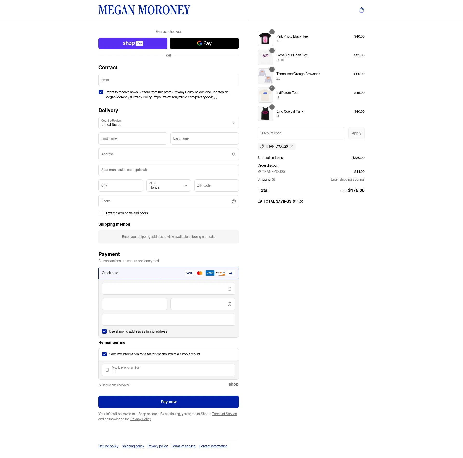 Megan Moroney checkout page showing Megan Moroney discount code box | Screenshot taken by SimplyCodes community member on Jun 22, 2025