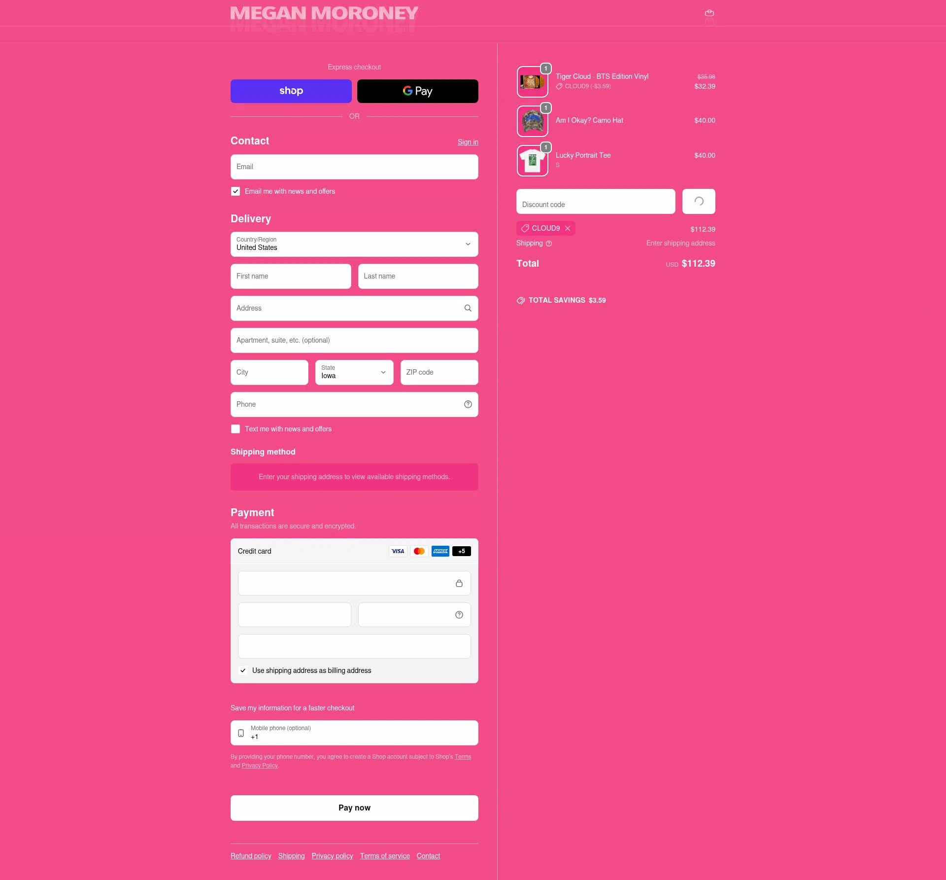 Megan Moroney checkout page showing Megan Moroney discount code box | Screenshot taken by SimplyCodes community member on Feb 18, 2026
