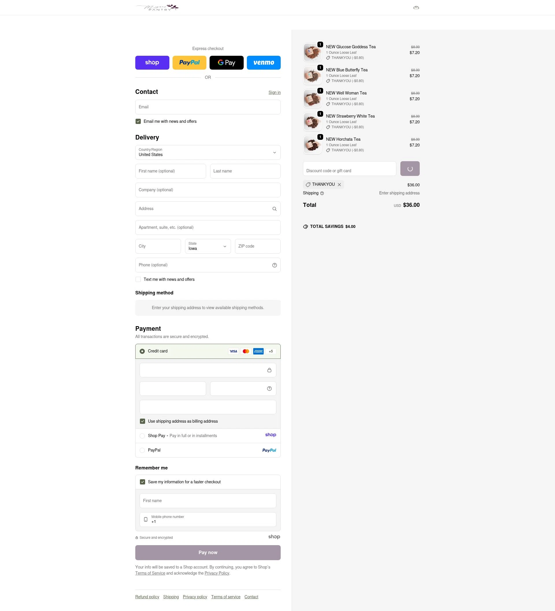 Megan's Pantry checkout page showing Megan's Pantry promo code box | Screenshot taken by SimplyCodes community member on Dec 24, 2025