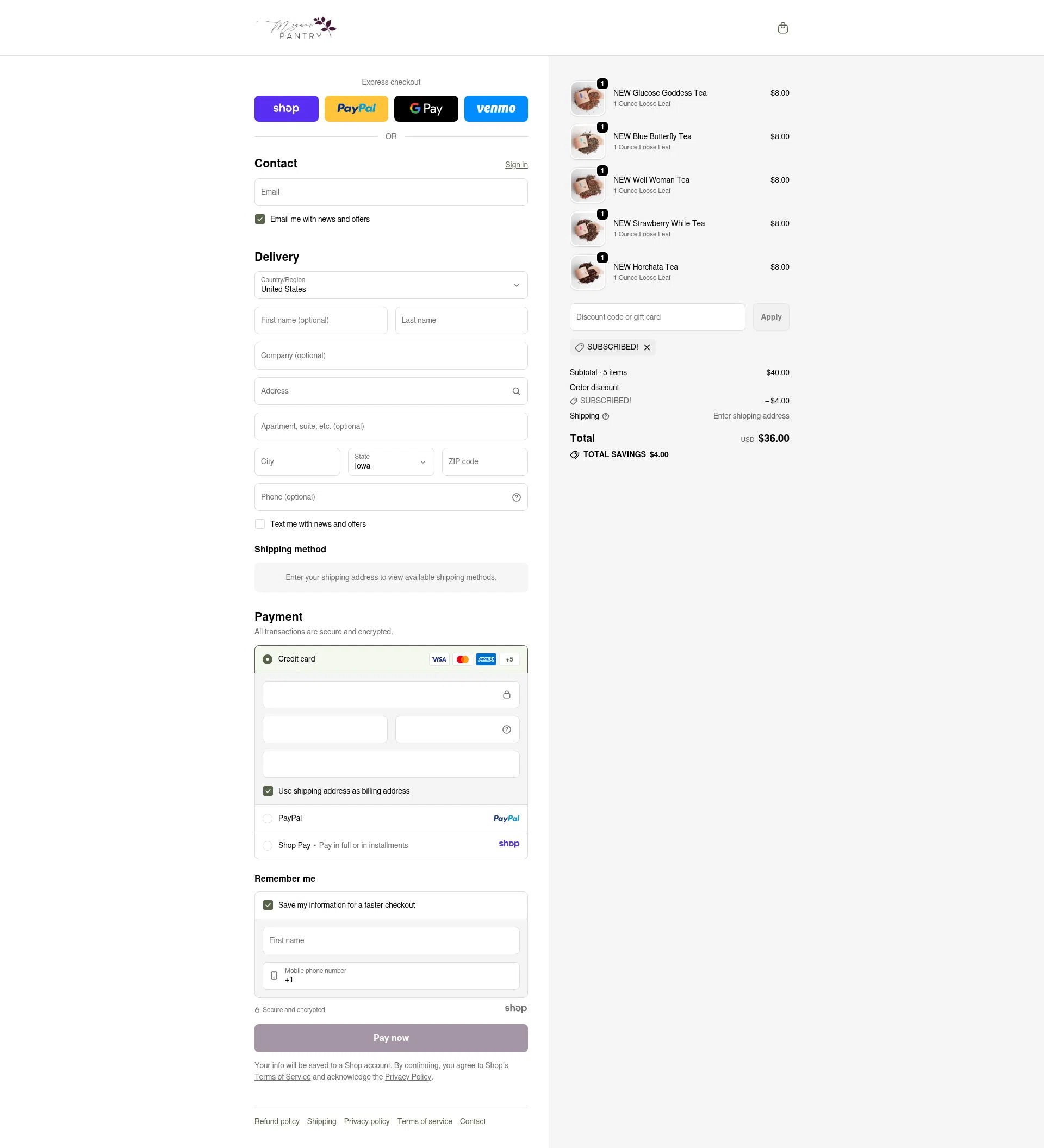 Megan's Pantry checkout page showing Megan's Pantry promo code box | Screenshot taken by SimplyCodes community member on Dec 11, 2025