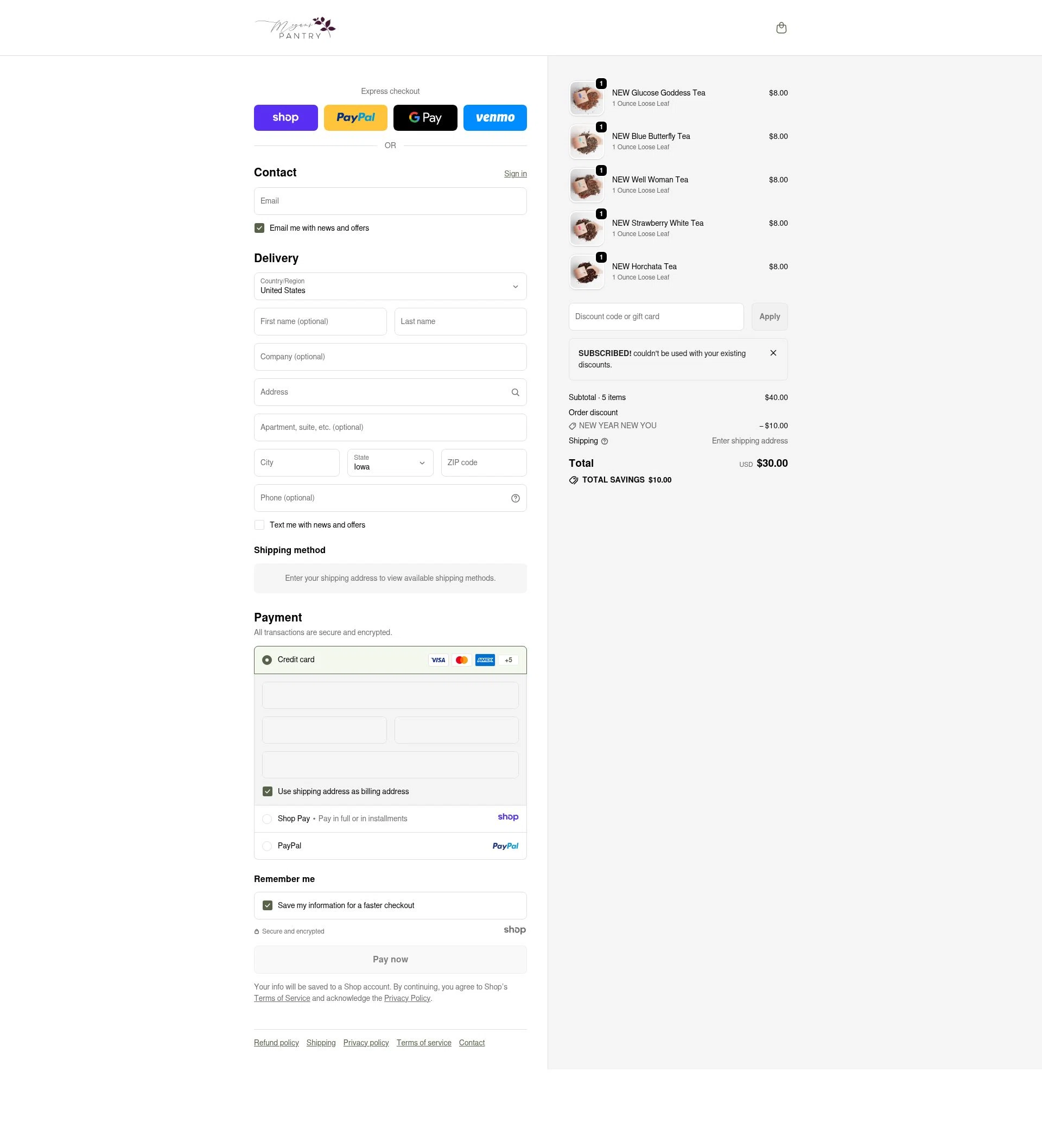 Megan's Pantry checkout page showing Megan's Pantry promo code box | Screenshot taken by SimplyCodes community member on Dec 29, 2025