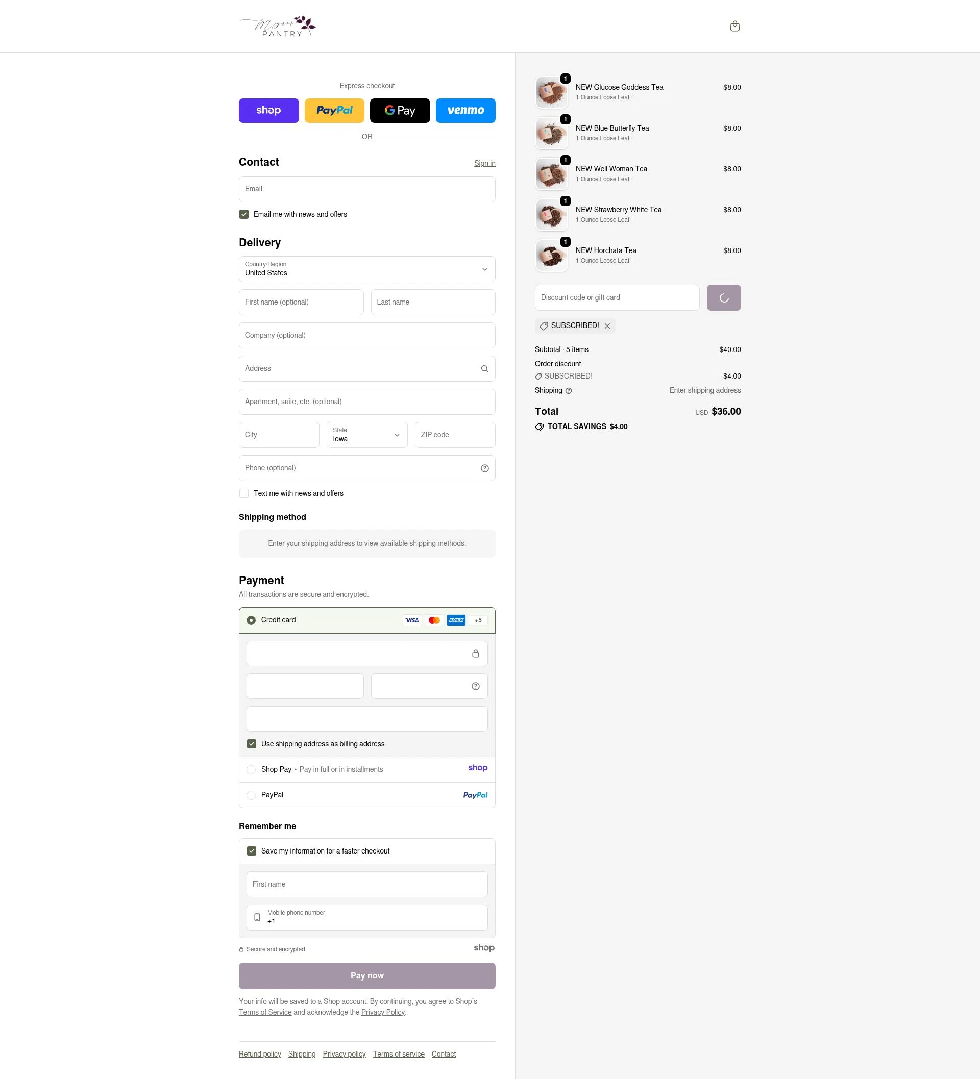 Megan's Pantry checkout page showing Megan's Pantry promo code box | Screenshot taken by SimplyCodes community member on Dec 18, 2025