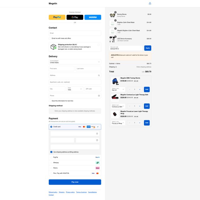 Megelin checkout page showing Megelin discount code box | Screenshot taken by SimplyCodes community member on Sep 2, 2025