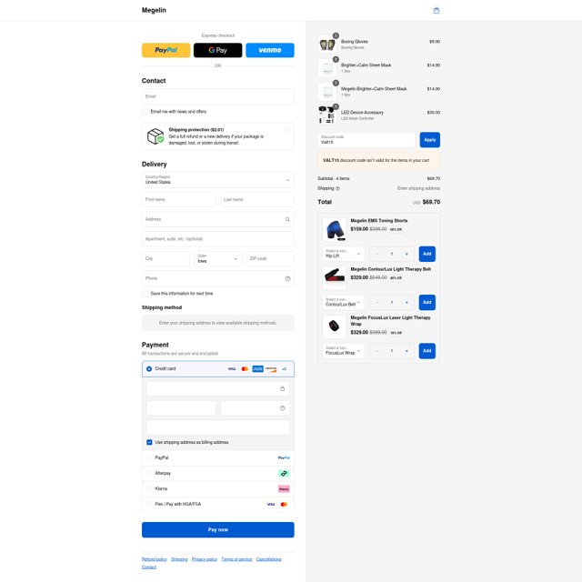 Megelin checkout page showing Megelin discount code box | Screenshot taken by SimplyCodes community member on Sep 2, 2025