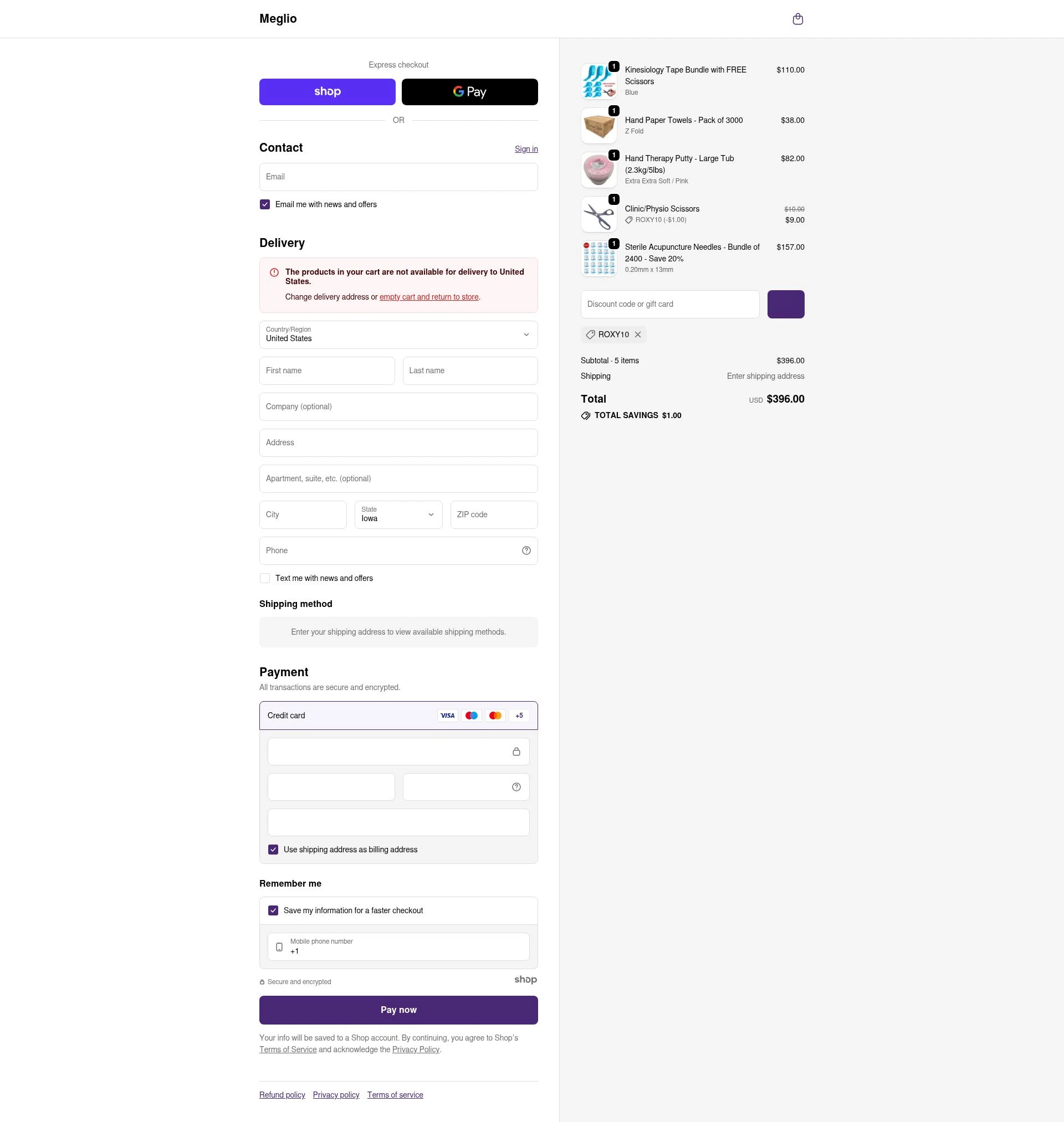 Meglio checkout page showing Meglio discount code box | Screenshot taken by SimplyCodes community member on Dec 13, 2025