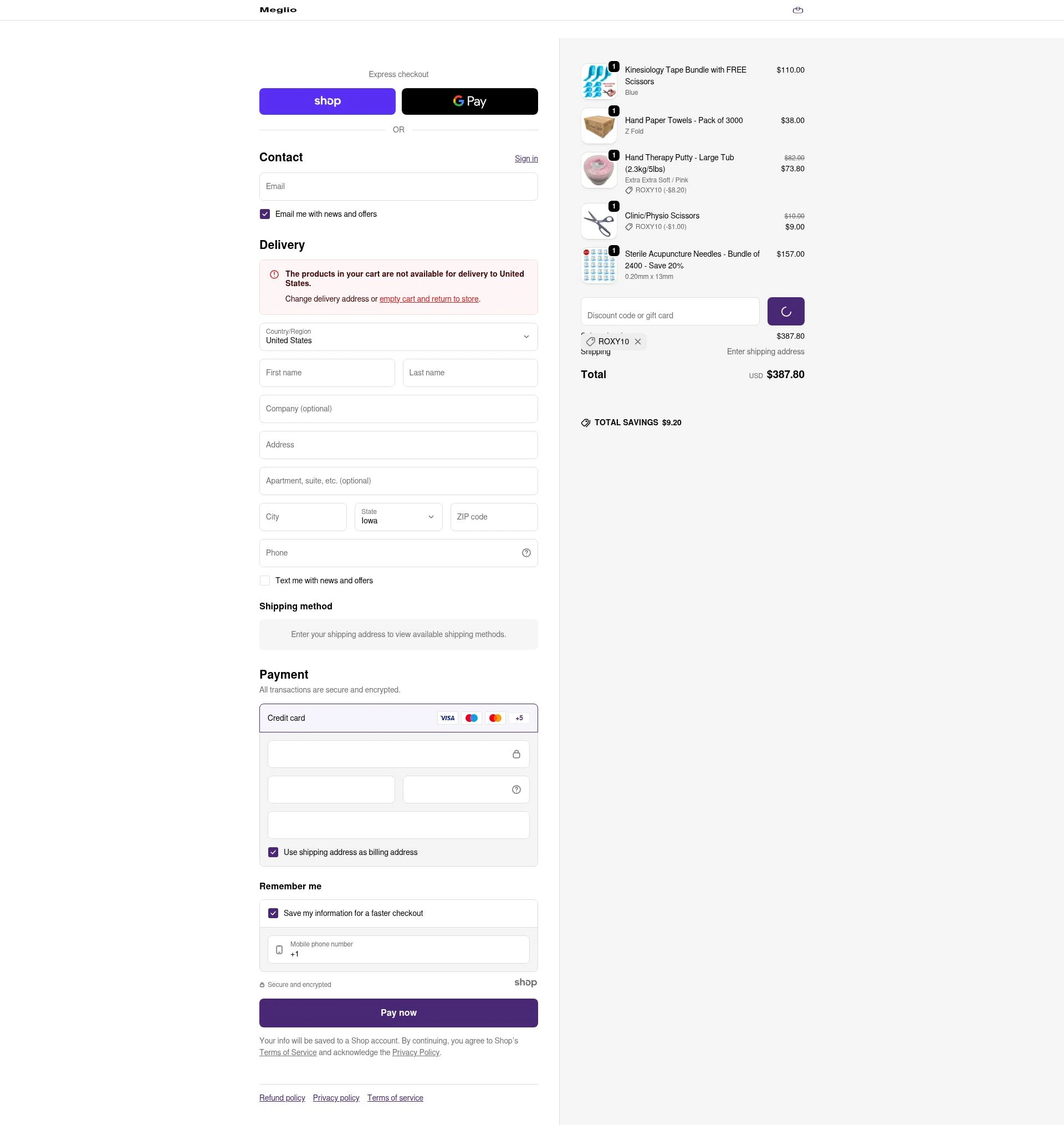 Meglio checkout page showing Meglio discount code box | Screenshot taken by SimplyCodes community member on Dec 20, 2025