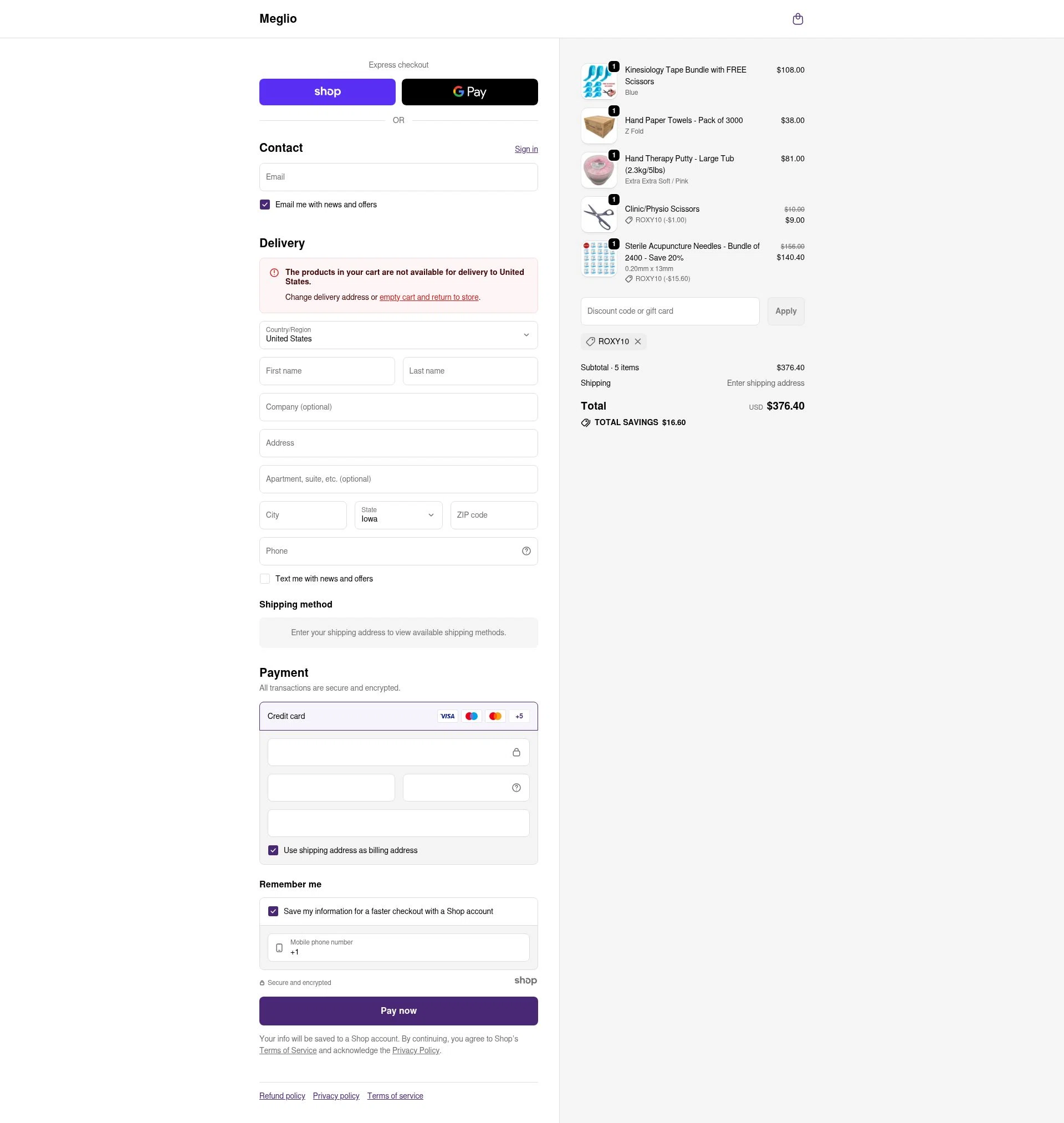Meglio checkout page showing Meglio discount code box | Screenshot taken by SimplyCodes community member on Nov 27, 2025