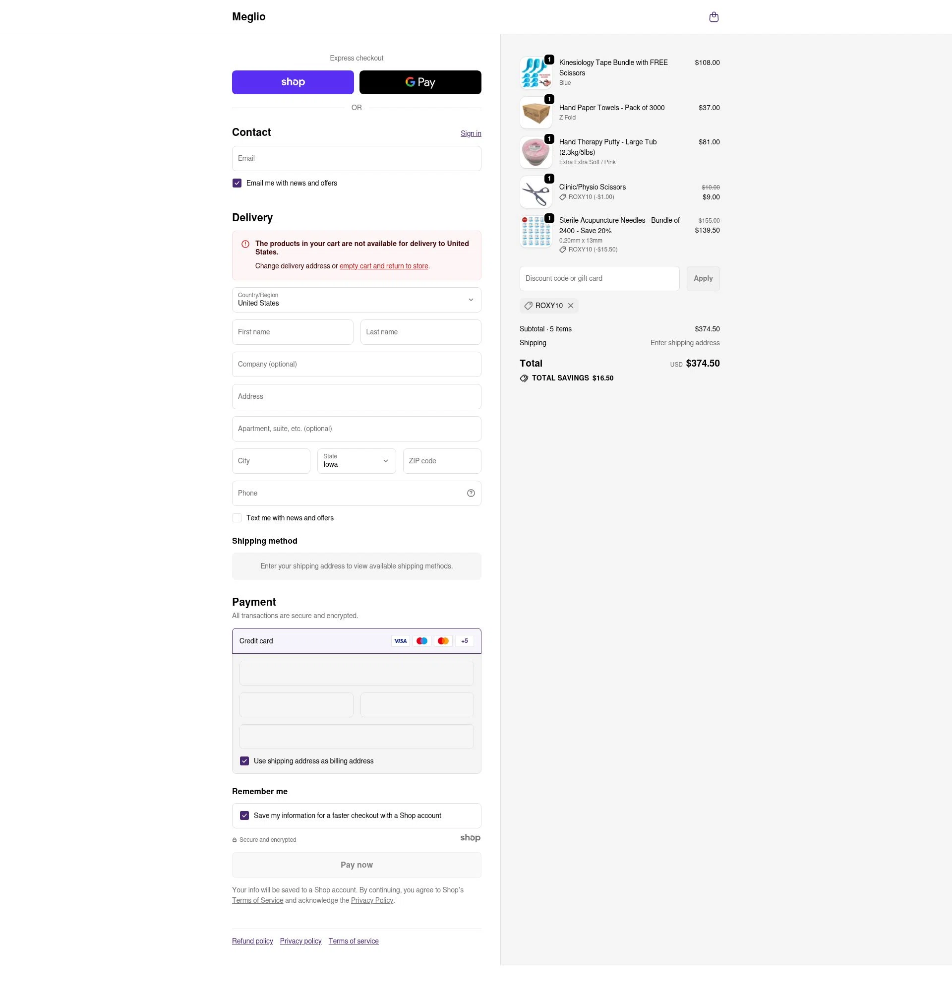 Meglio checkout page showing Meglio discount code box | Screenshot taken by SimplyCodes community member on Nov 17, 2025