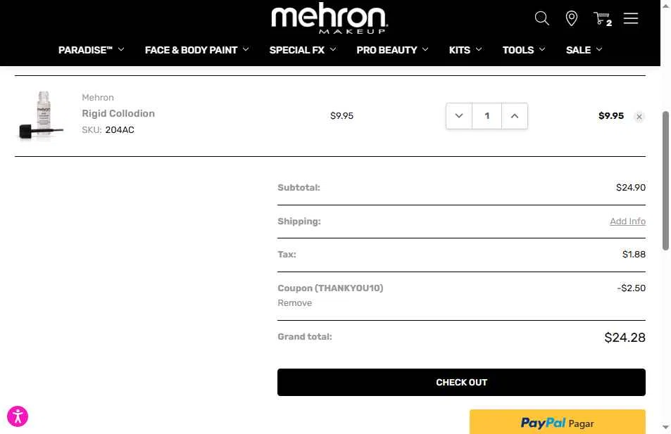 Mehron checkout page showing Mehron coupon code box | Screenshot taken by SimplyCodes community member on Feb 3, 2026