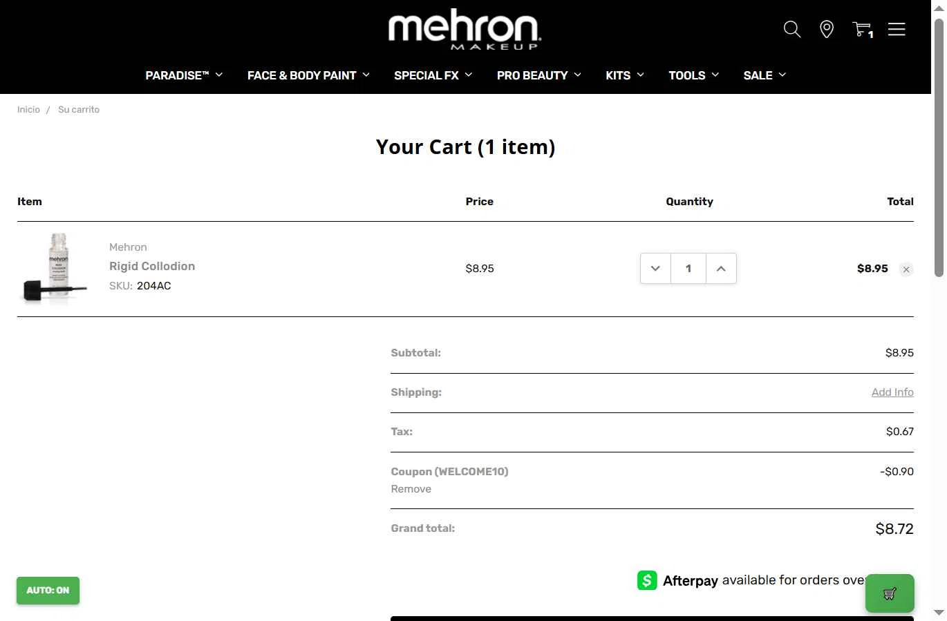 Mehron checkout page showing Mehron coupon code box | Screenshot taken by SimplyCodes community member on Jan 14, 2026