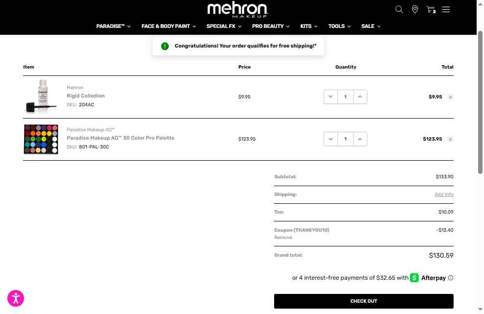 Mehron checkout page showing Mehron coupon code box | Screenshot taken by SimplyCodes community member on Feb 10, 2026