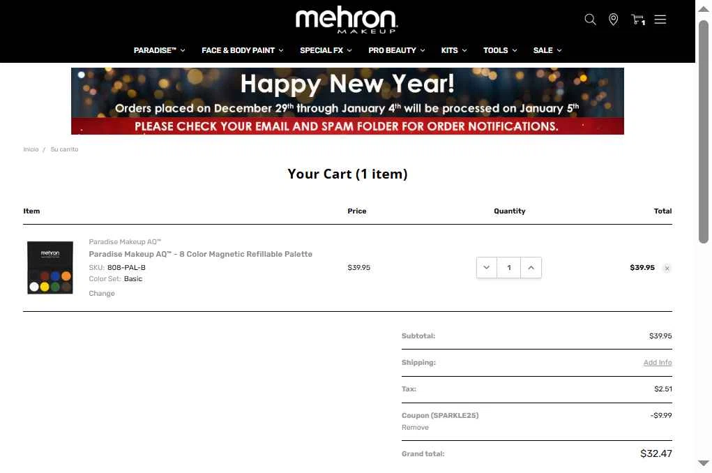 Mehron checkout page showing Mehron coupon code box | Screenshot taken by SimplyCodes community member on Dec 29, 2025