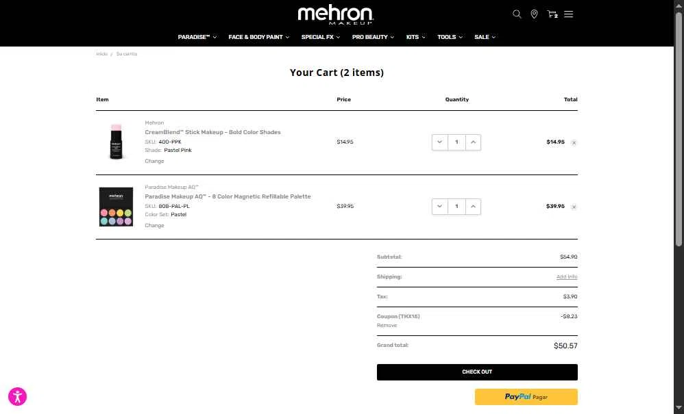 Mehron checkout page showing Mehron coupon code box | Screenshot taken by SimplyCodes community member on Dec 10, 2025