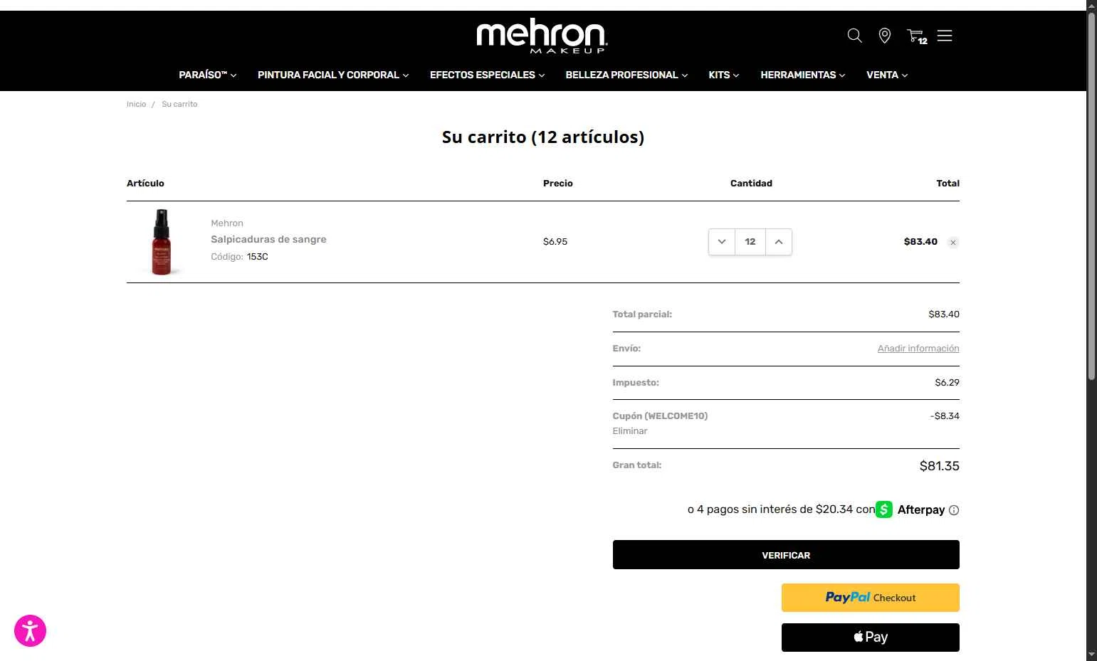 Mehron checkout page showing Mehron coupon code box | Screenshot taken by SimplyCodes community member on Oct 1, 2025