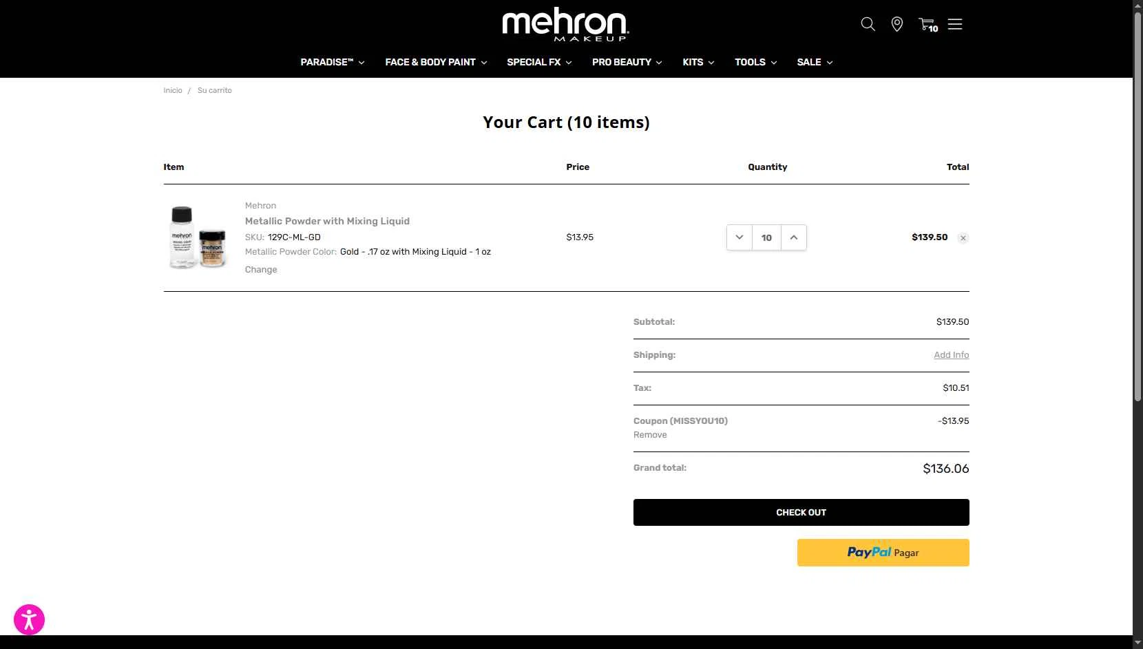 Mehron checkout page showing Mehron coupon code box | Screenshot taken by SimplyCodes community member on Dec 10, 2025