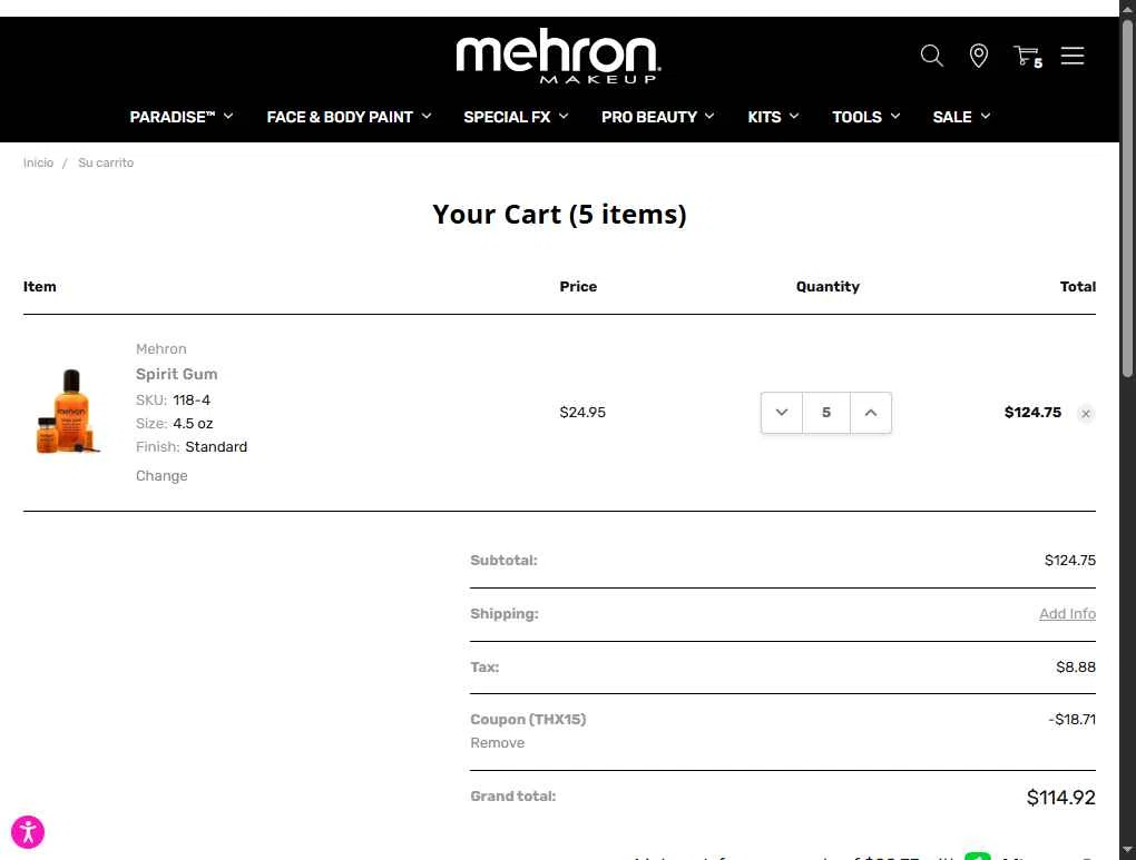 Mehron checkout page showing Mehron coupon code box | Screenshot taken by SimplyCodes community member on Oct 13, 2025