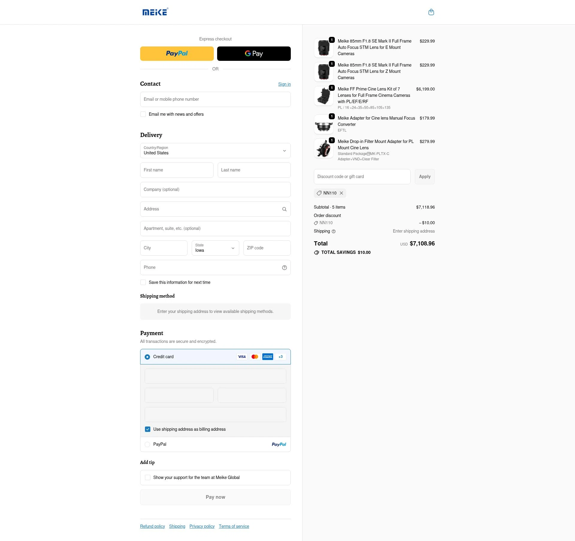 Meike Global checkout page showing Meike Global discount code box | Screenshot taken by SimplyCodes community member on Dec 5, 2025