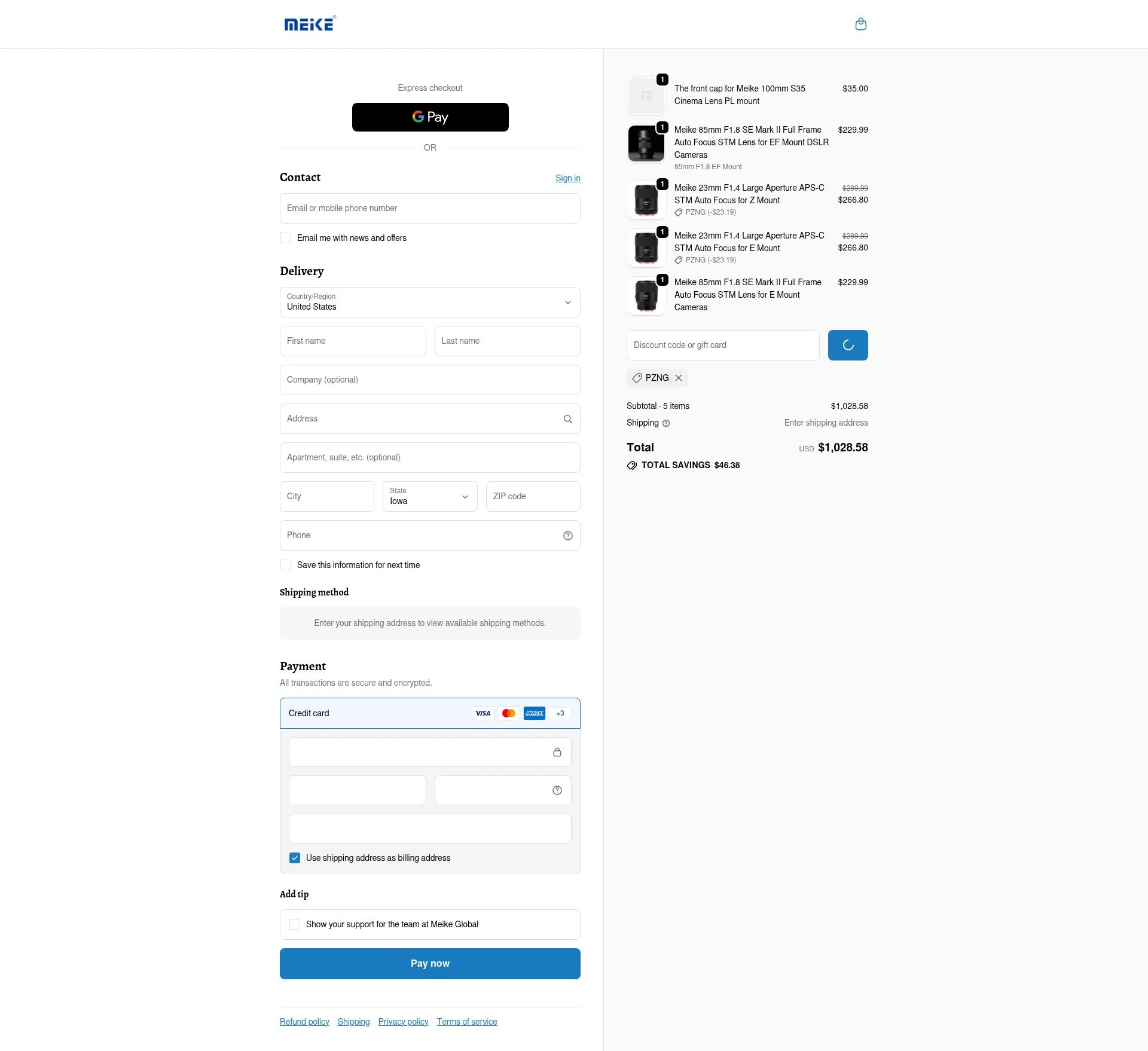 Meike Global checkout page showing Meike Global discount code box | Screenshot taken by SimplyCodes community member on Jan 3, 2026
