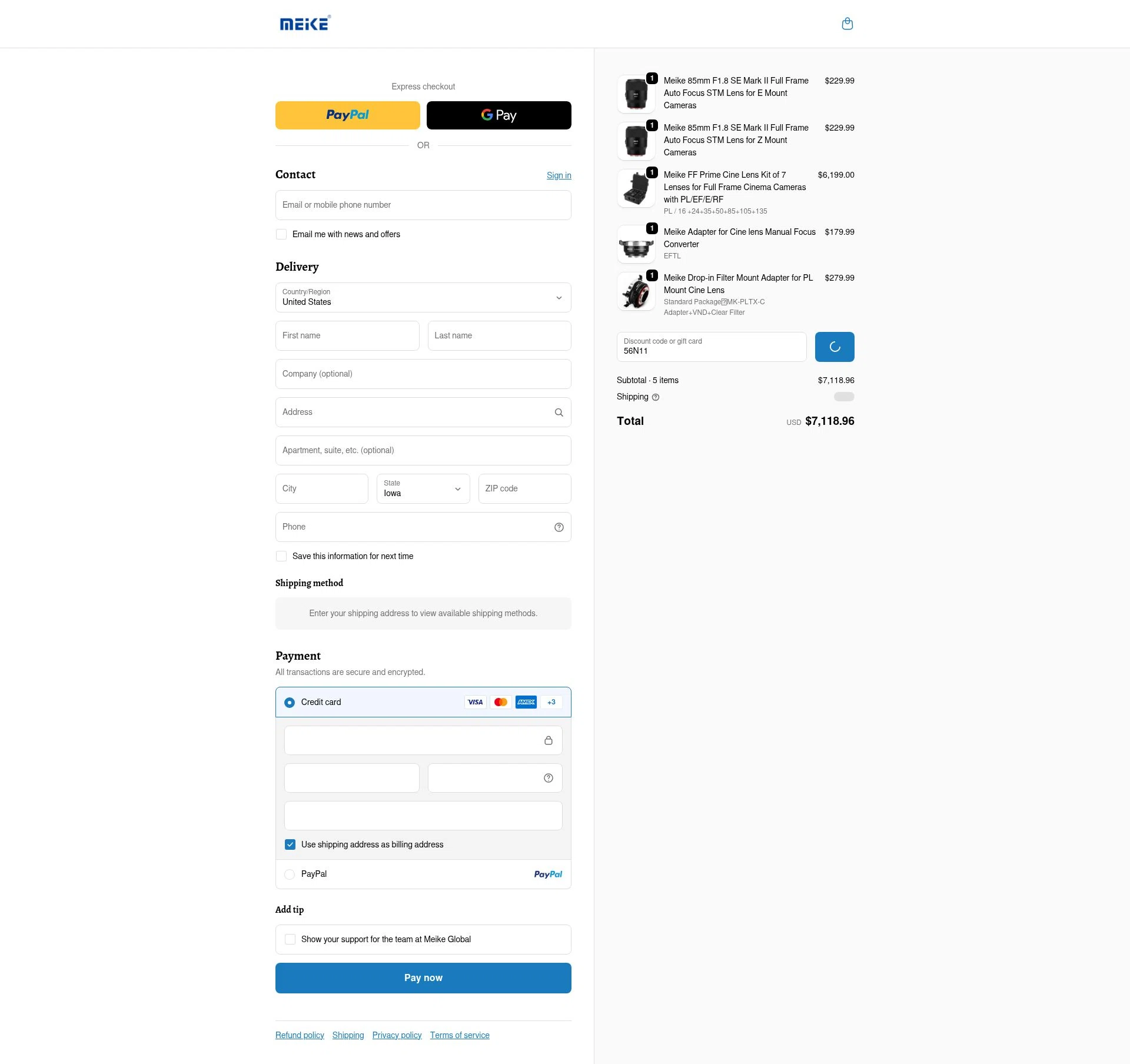 Meike Global checkout page showing Meike Global discount code box | Screenshot taken by SimplyCodes community member on Dec 17, 2025