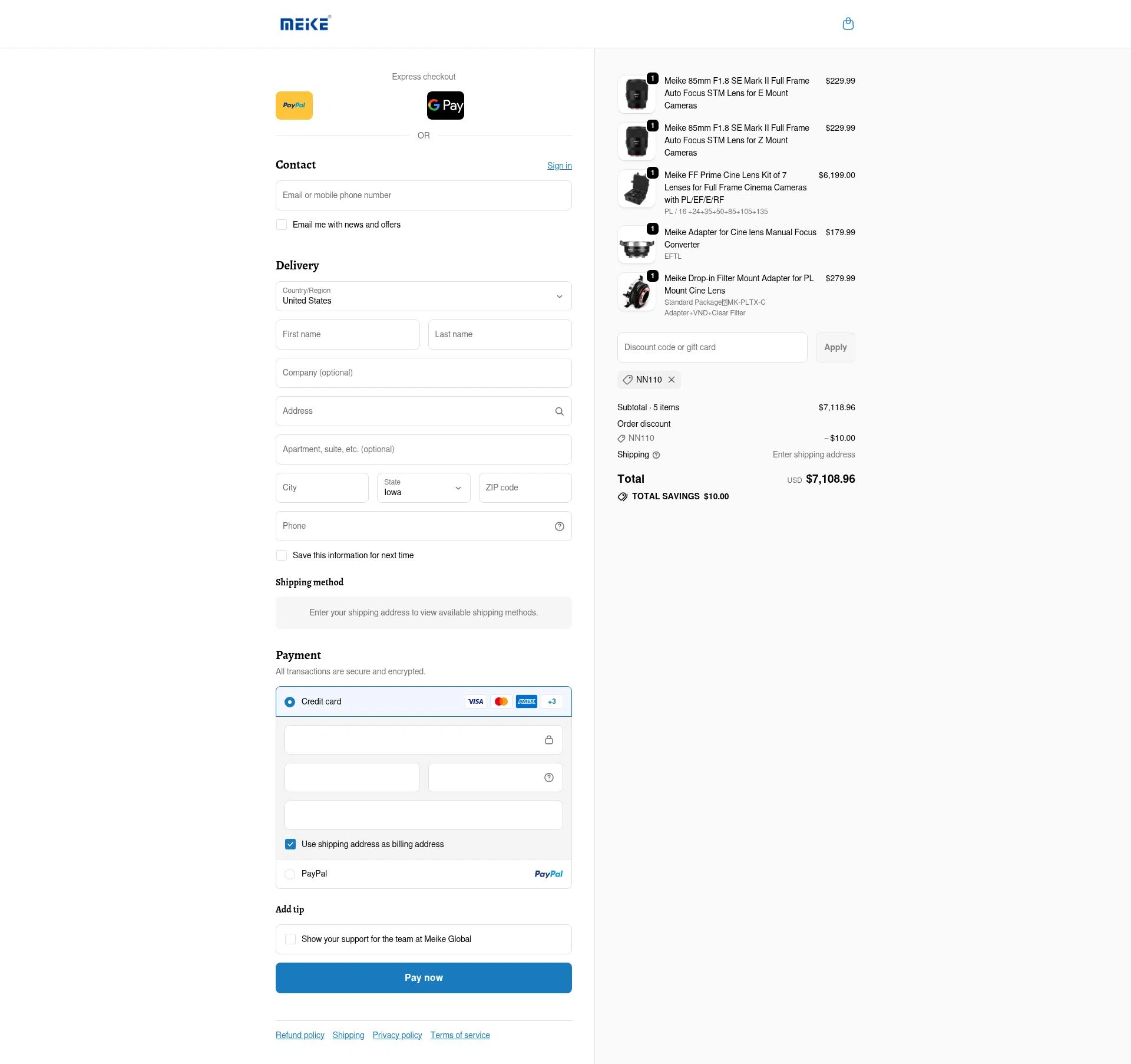 Meike Global checkout page showing Meike Global discount code box | Screenshot taken by SimplyCodes community member on Dec 11, 2025