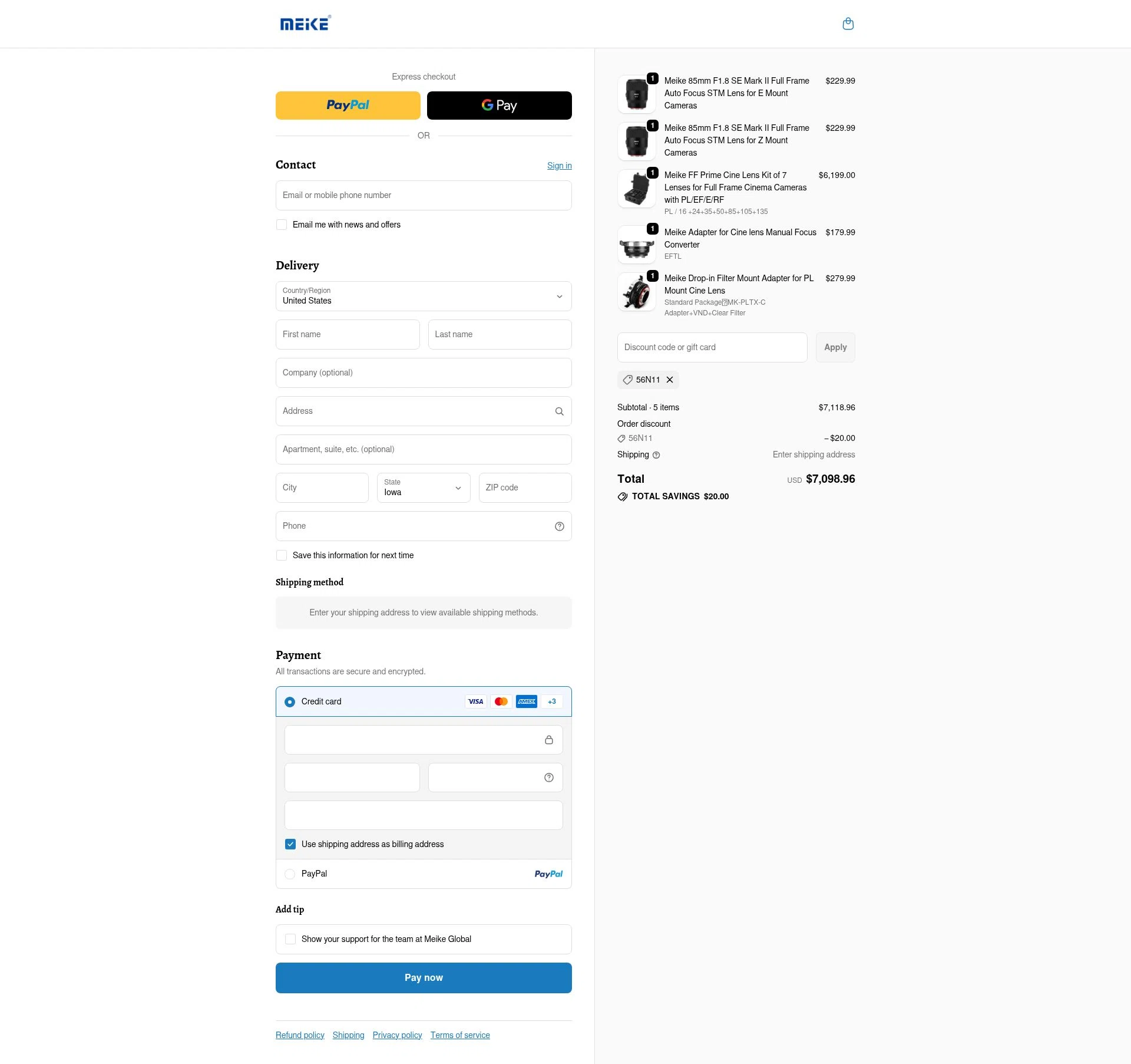 Meike Global checkout page showing Meike Global discount code box | Screenshot taken by SimplyCodes community member on Dec 11, 2025