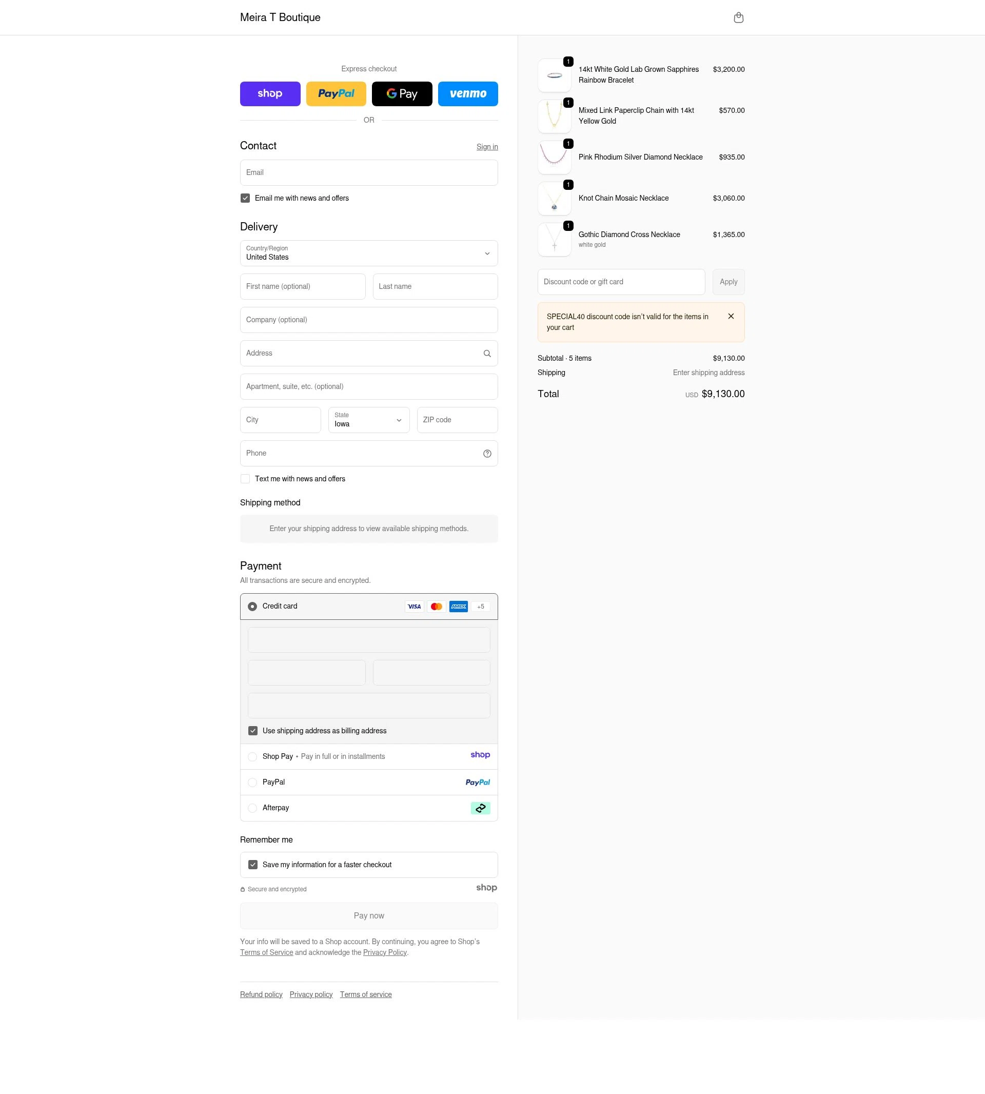 Meira T Designs checkout page showing Meira T Designs promo code box | Screenshot taken by SimplyCodes community member on Dec 31, 2025