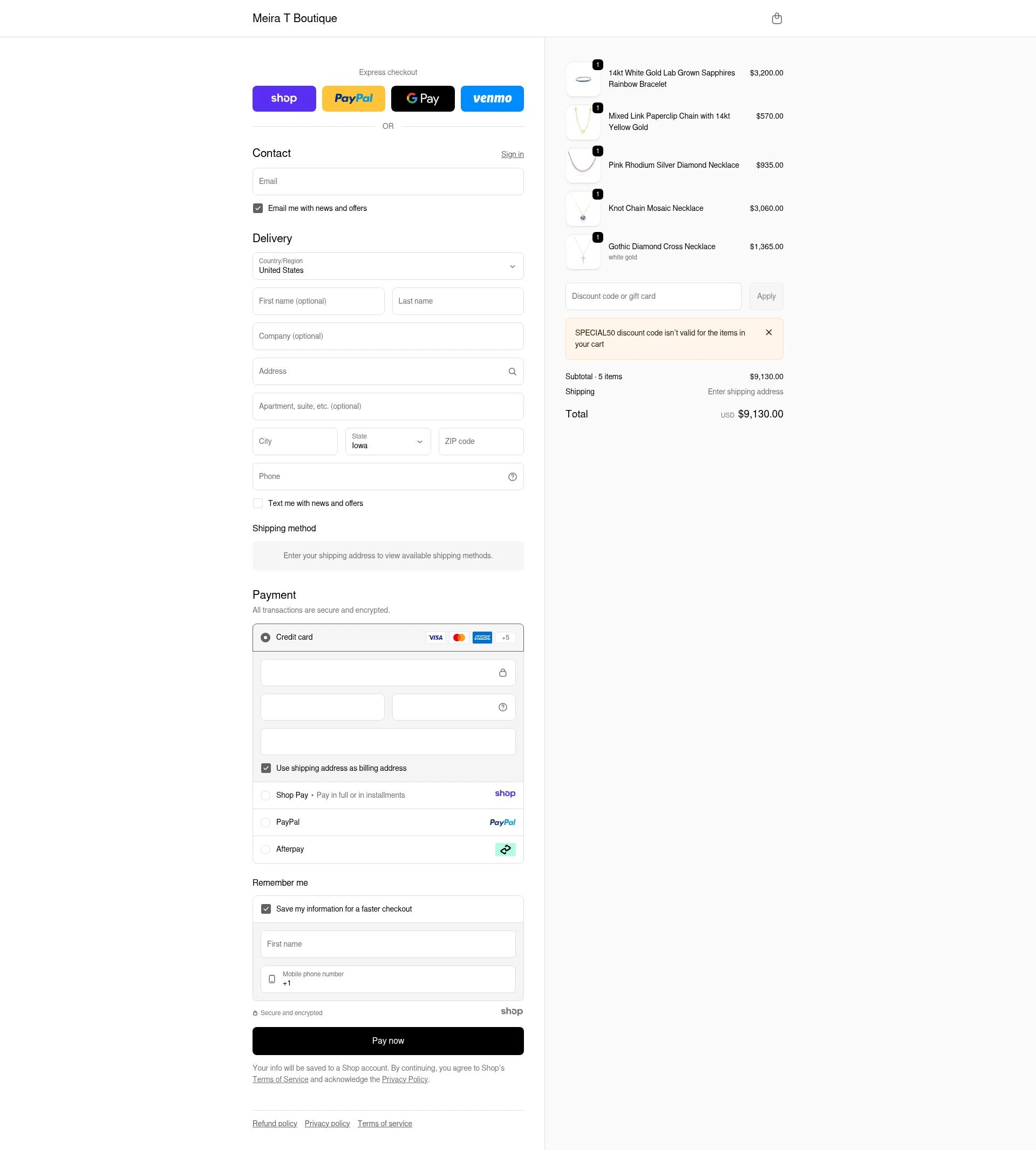 Meira T Designs checkout page showing Meira T Designs promo code box | Screenshot taken by SimplyCodes community member on Dec 31, 2025