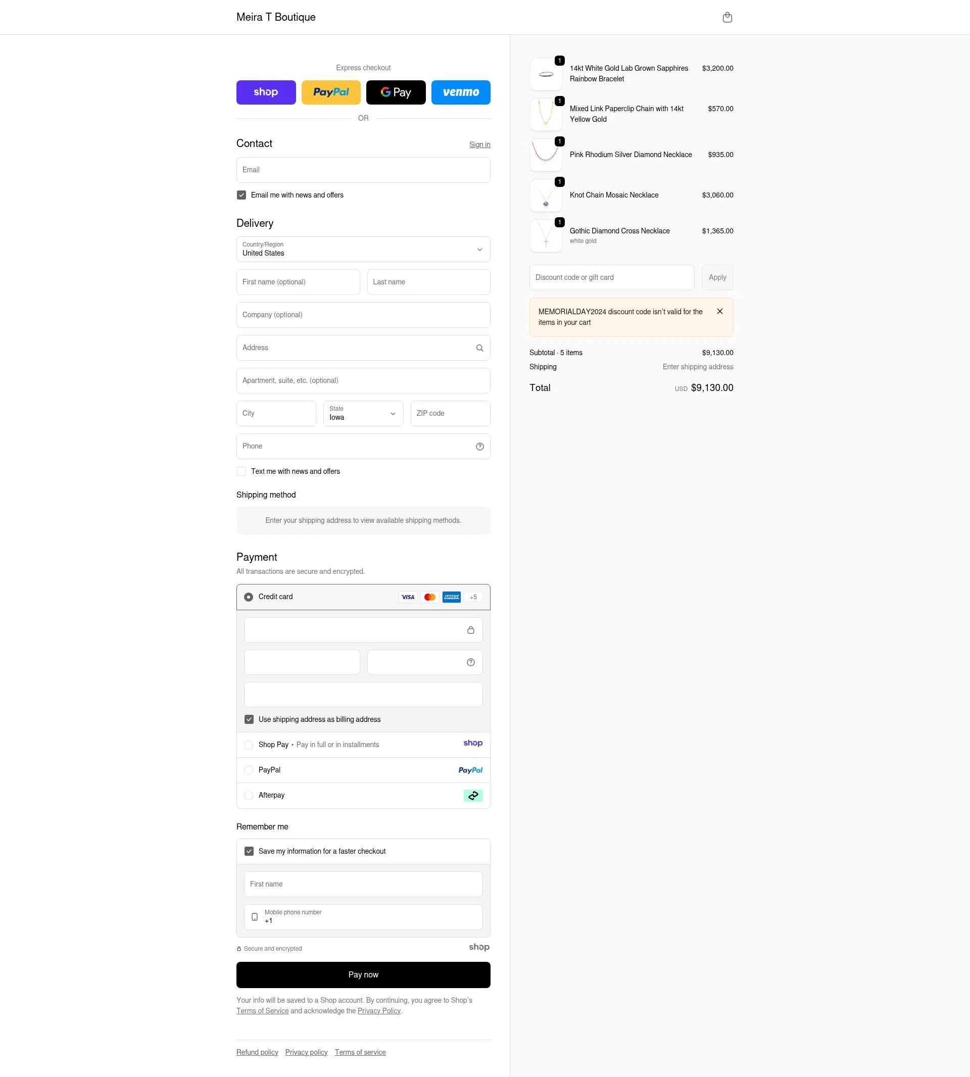 Meira T Designs checkout page showing Meira T Designs promo code box | Screenshot taken by SimplyCodes community member on Dec 31, 2025