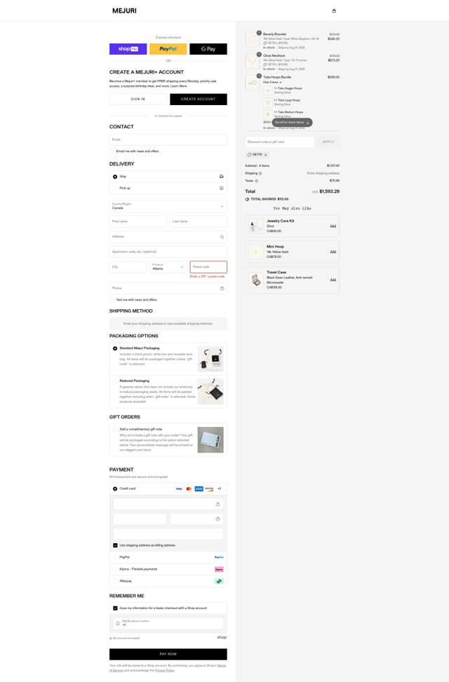 Mejuri checkout page showing Mejuri discount code box | Screenshot taken by SimplyCodes community member on Aug 20, 2025