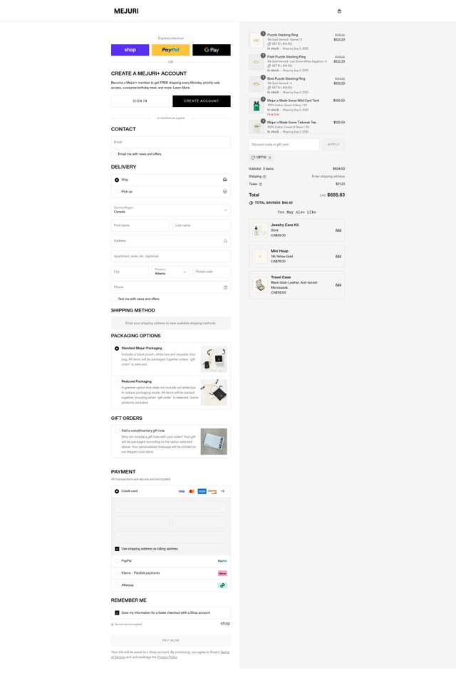 Mejuri checkout page showing Mejuri discount code box | Screenshot taken by SimplyCodes community member on Sep 2, 2025