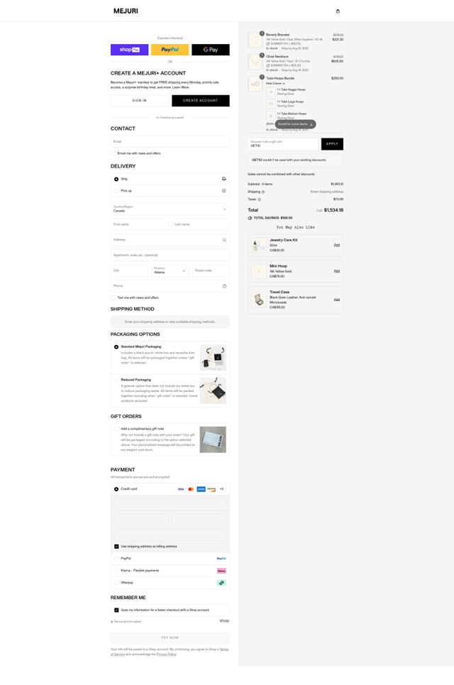 Mejuri checkout page showing Mejuri discount code box | Screenshot taken by SimplyCodes community member on Aug 15, 2025