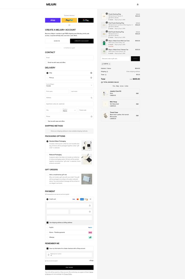 Mejuri checkout page showing Mejuri discount code box | Screenshot taken by SimplyCodes community member on Aug 29, 2025