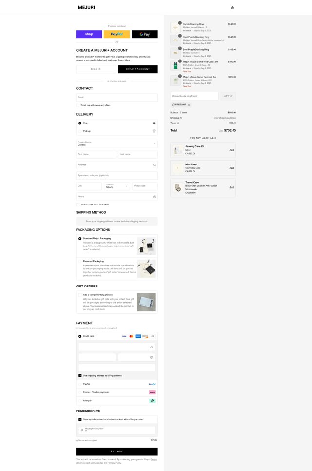 Mejuri checkout page showing Mejuri discount code box | Screenshot taken by SimplyCodes community member on Aug 29, 2025