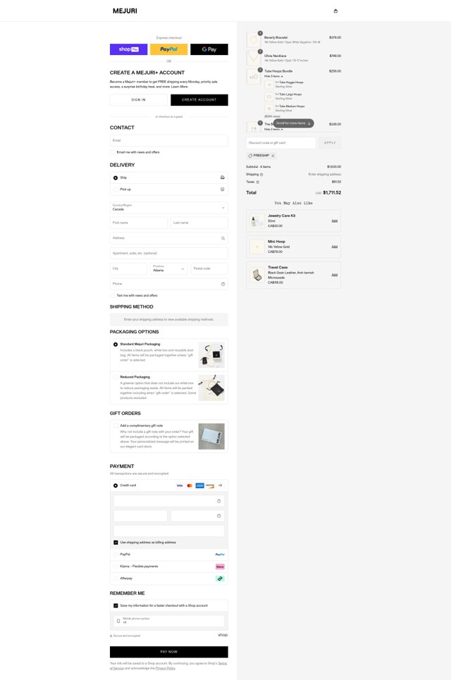 Mejuri checkout page showing Mejuri discount code box | Screenshot taken by SimplyCodes community member on Aug 25, 2025