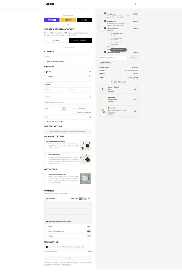 Mejuri checkout page showing Mejuri discount code box | Screenshot taken by SimplyCodes community member on Aug 20, 2025