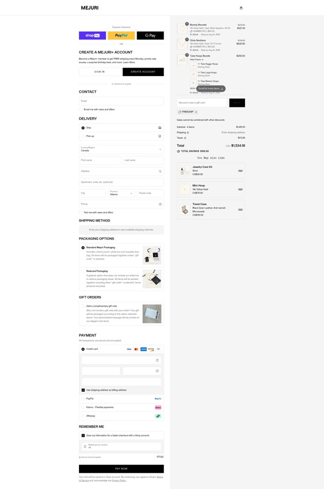 Mejuri checkout page showing Mejuri discount code box | Screenshot taken by SimplyCodes community member on Aug 13, 2025