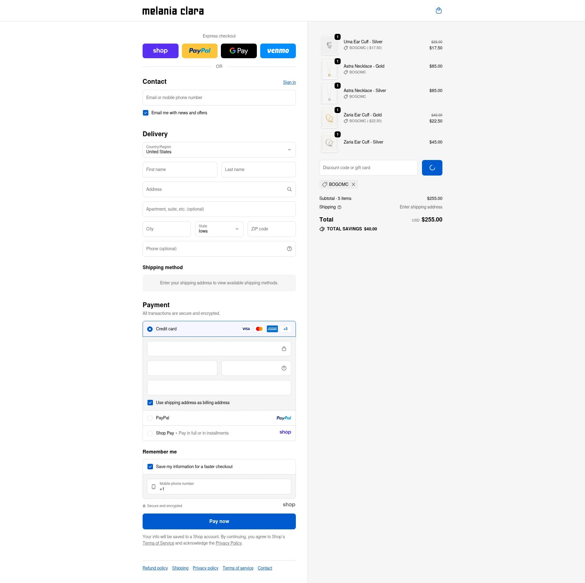 Melania Clara checkout page showing Melania Clara discount code box | Screenshot taken by SimplyCodes community member on Dec 16, 2025