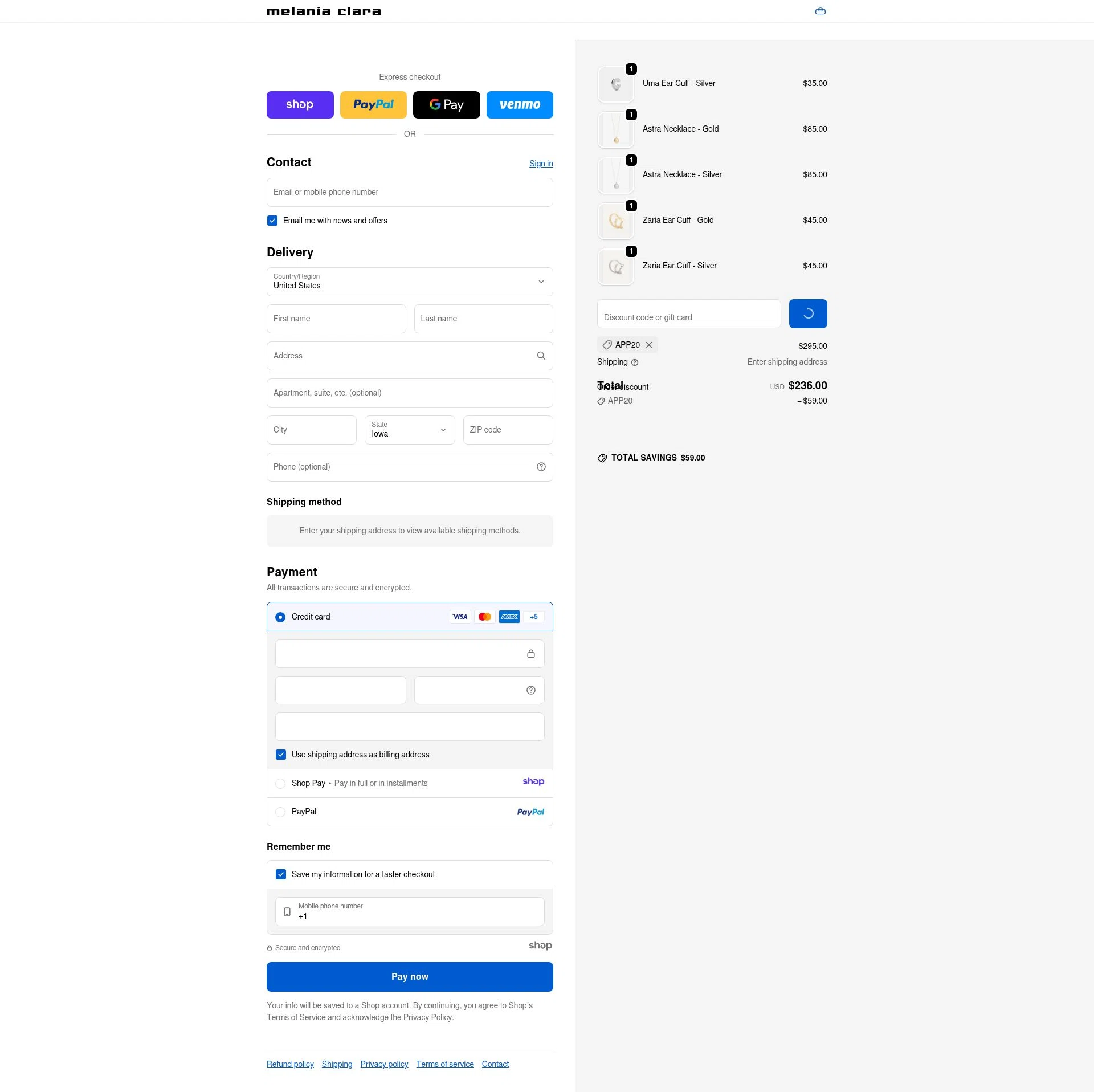Melania Clara checkout page showing Melania Clara discount code box | Screenshot taken by SimplyCodes community member on Dec 23, 2025