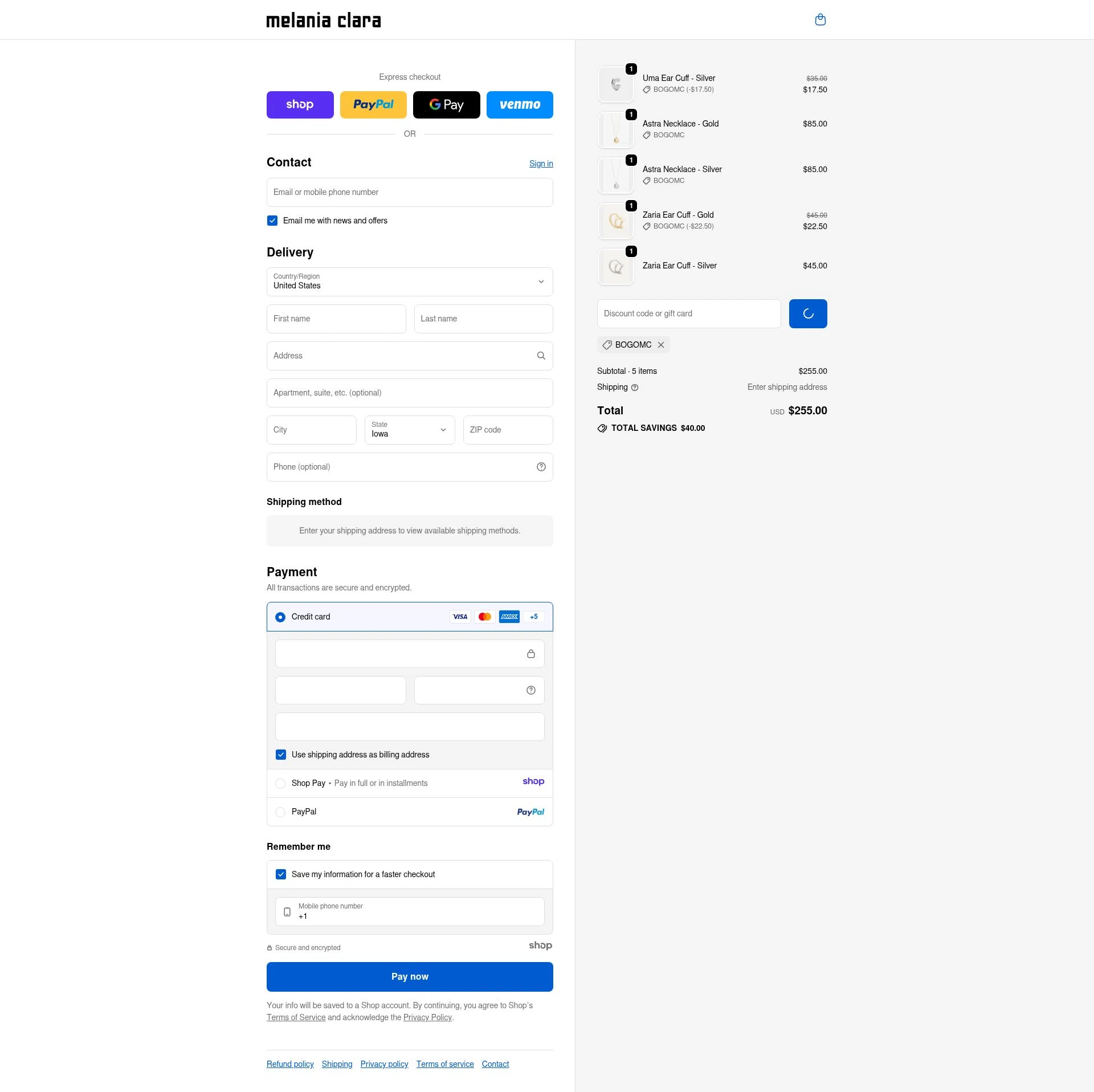 Melania Clara checkout page showing Melania Clara discount code box | Screenshot taken by SimplyCodes community member on Dec 23, 2025