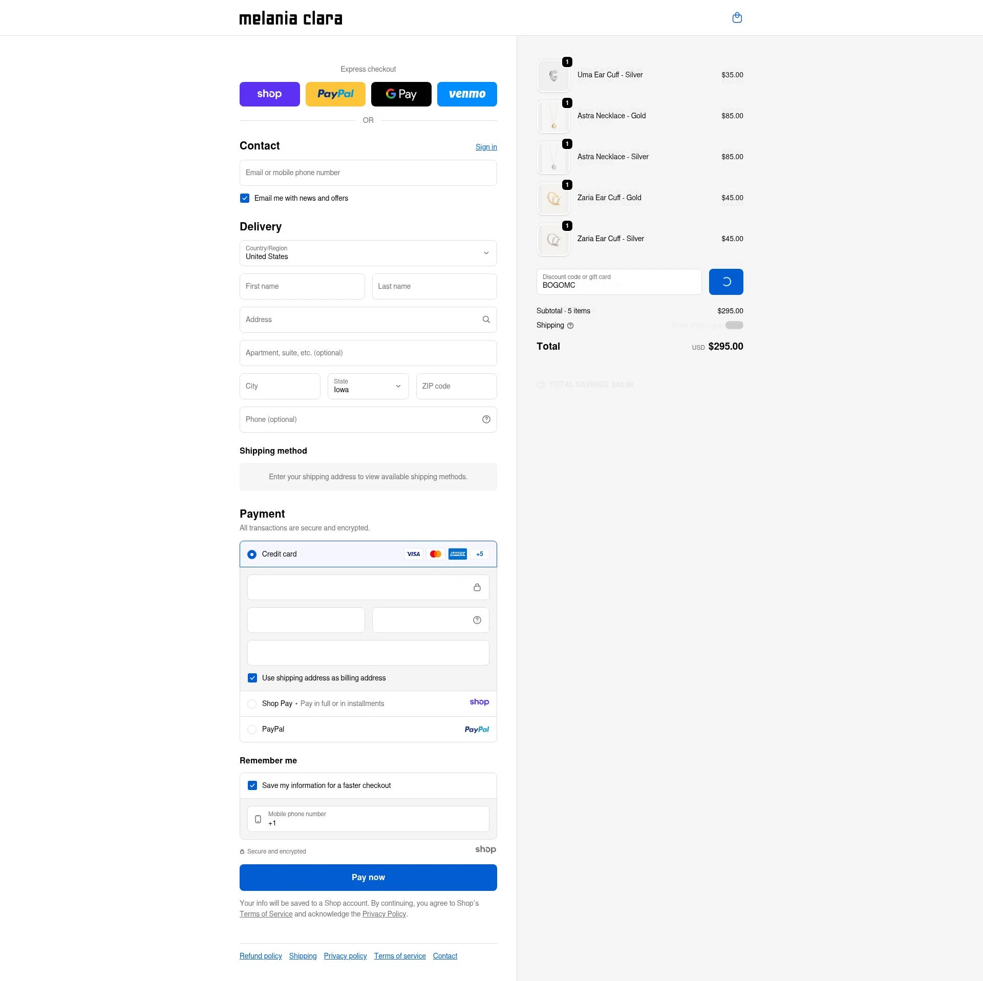 Melania Clara checkout page showing Melania Clara discount code box | Screenshot taken by SimplyCodes community member on Dec 28, 2025