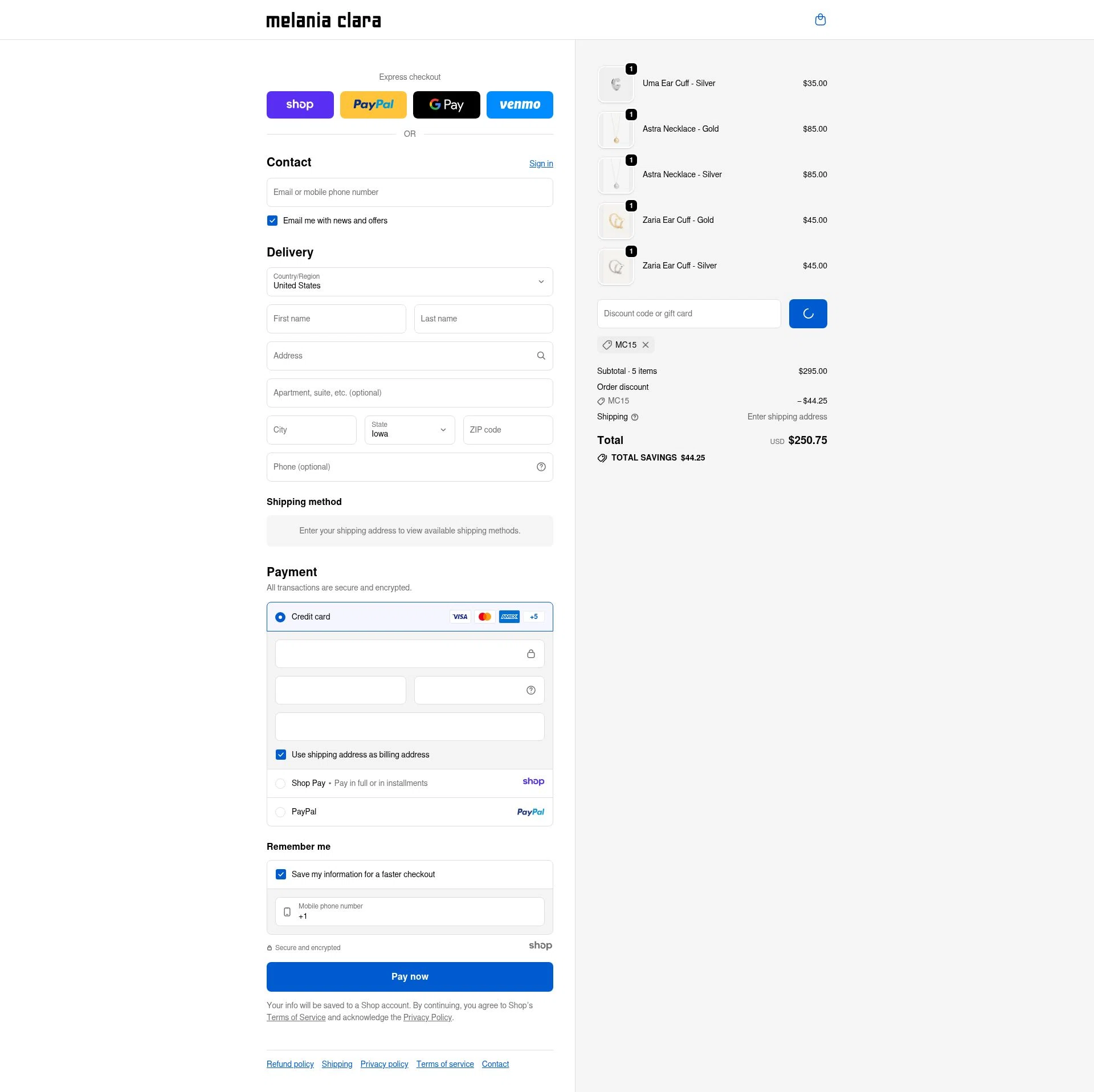 Melania Clara checkout page showing Melania Clara discount code box | Screenshot taken by SimplyCodes community member on Dec 23, 2025