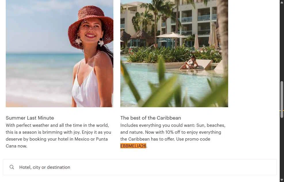 Melia Hotels checkout page showing Melia Hotels discount code box | Screenshot taken by SimplyCodes community member on Jan 28, 2026