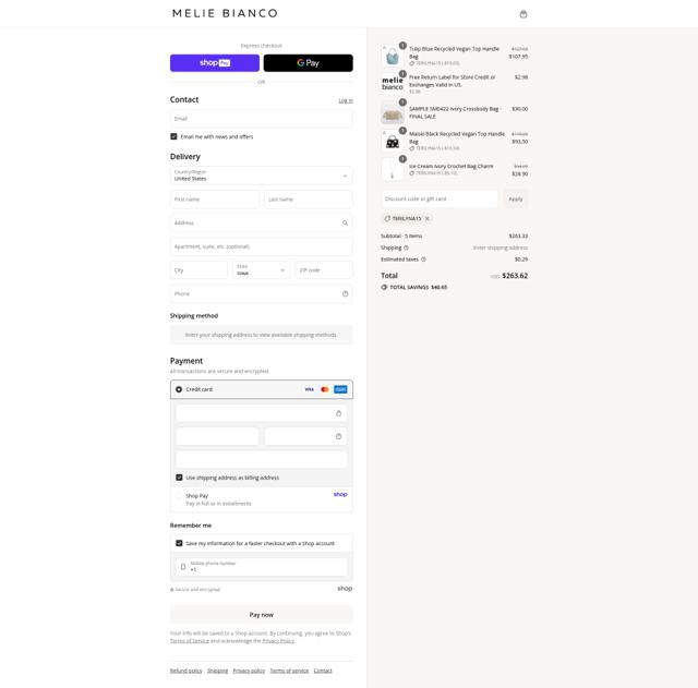 Melie Bianco checkout page showing Melie Bianco promo code box | Screenshot taken by SimplyCodes community member on Aug 23, 2025