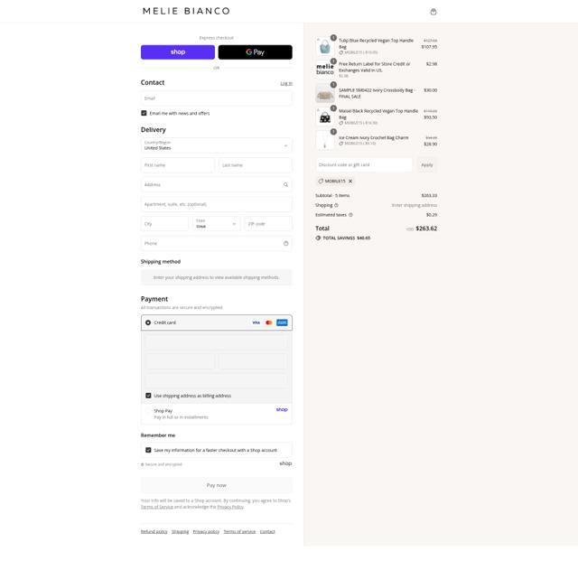 Melie Bianco checkout page showing Melie Bianco promo code box | Screenshot taken by SimplyCodes community member on Aug 31, 2025