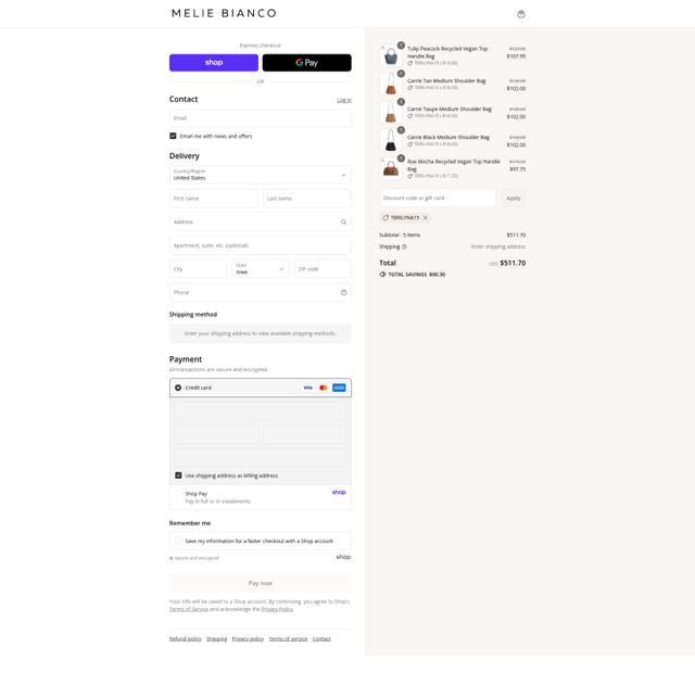 Melie Bianco checkout page showing Melie Bianco promo code box | Screenshot taken by SimplyCodes community member on Sep 8, 2025