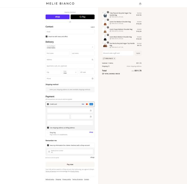 Melie Bianco checkout page showing Melie Bianco promo code box | Screenshot taken by SimplyCodes community member on Sep 4, 2025