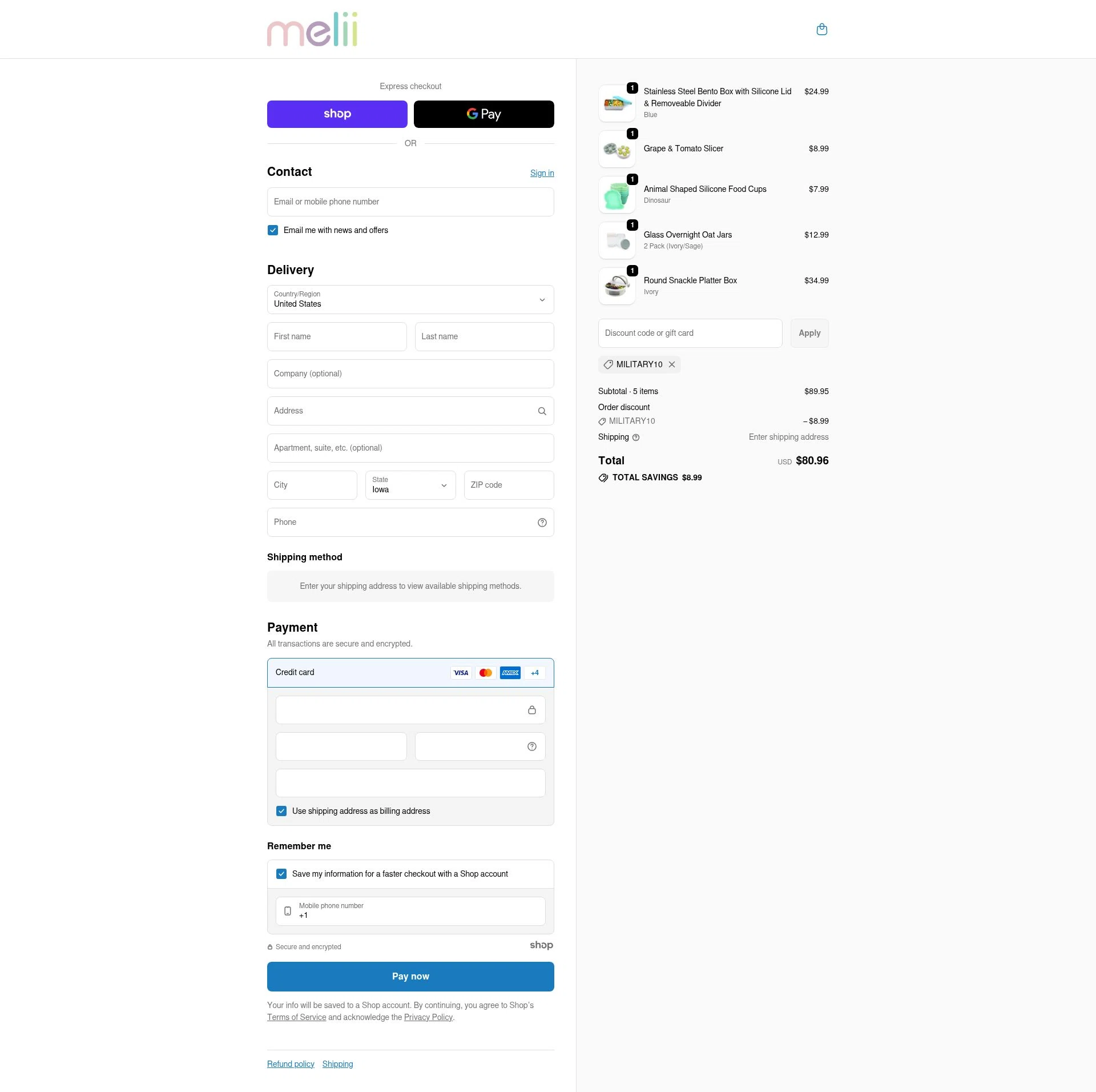 Melii checkout page showing Melii promo code box | Screenshot taken by SimplyCodes community member on Nov 22, 2025