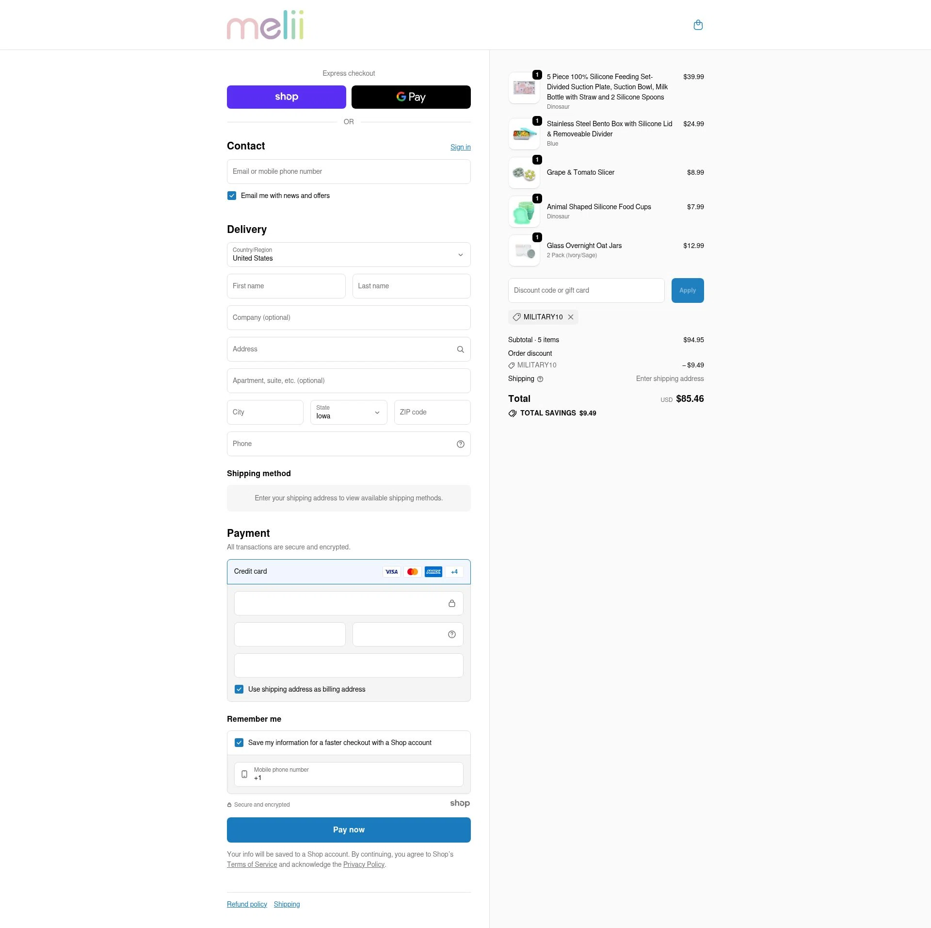 Melii checkout page showing Melii promo code box | Screenshot taken by SimplyCodes community member on Dec 7, 2025